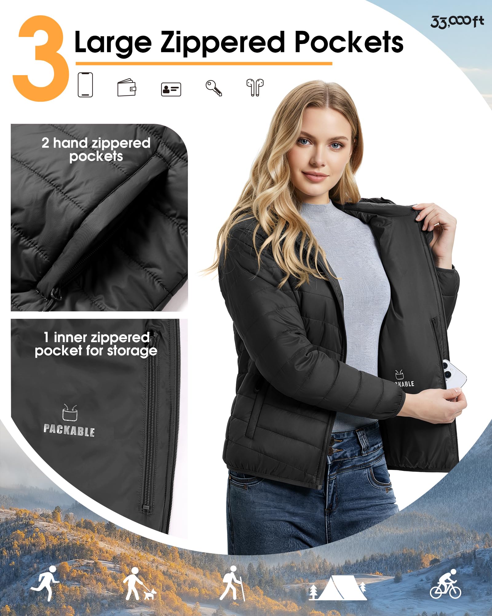 33,000ft Damen Leichte Steppjacke Packbare Übergangsjacke mit Kapuze für Frauen Gefüttert Warme Pufferjacke für Outdoor, Freizeit und Wandern