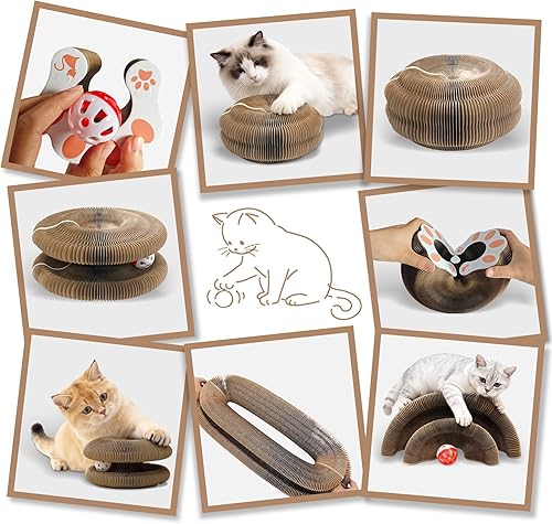 Miniatura 7 de Juguete mágico de cartón para rascar para gatos, juguetes interactivos para gatos con bola de campana, resistente a los arañazos y a la abrasión,