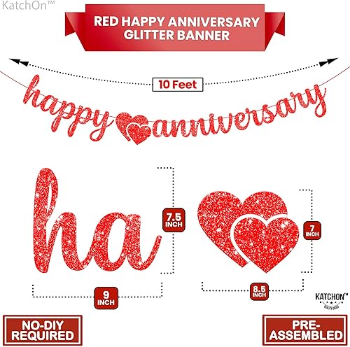 Miniatura 4 de KatchOn, Cartel de feliz aniversario con purpurina roja, 10 pies, sin bricolaje, decoraciones de feliz aniversario, romántico, letrero rojo de feliz