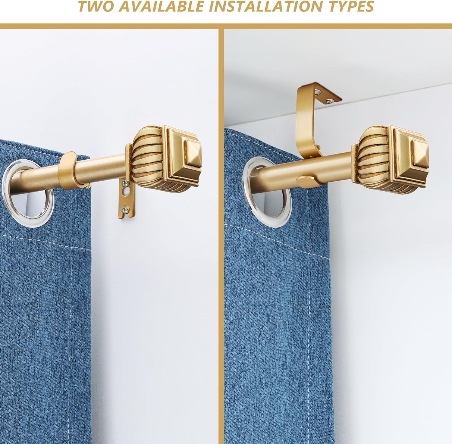 Gold Curtain Rods for Windows 28 to 55 Inches Adjustable Heavy Duty 6/8" Diameter Window Curtain Rod with Decorative Finials for Bedroom Kitchen Living Room
