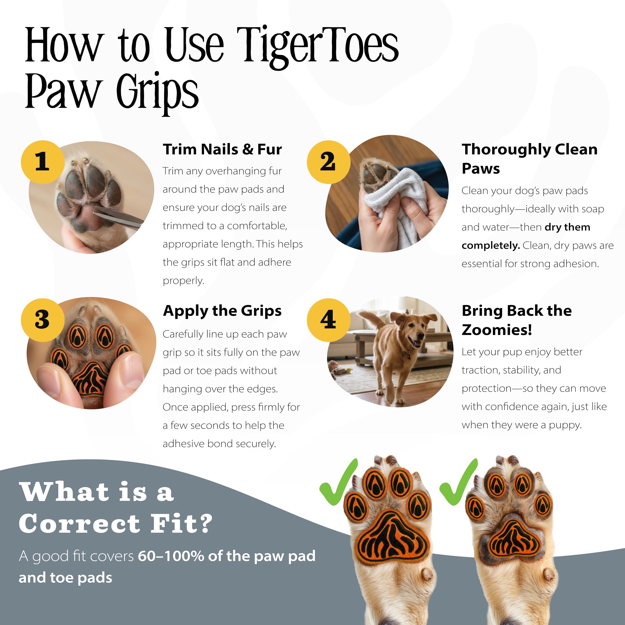 DOK TigerToes Premium Paw Grips for Senior Dogs, 40ct of Pre-Cut Anti Slip Dog Paw Pads for Hardwood Floors, Provides Traction for Slipping (40 Total Grips, Size Large) — view 8