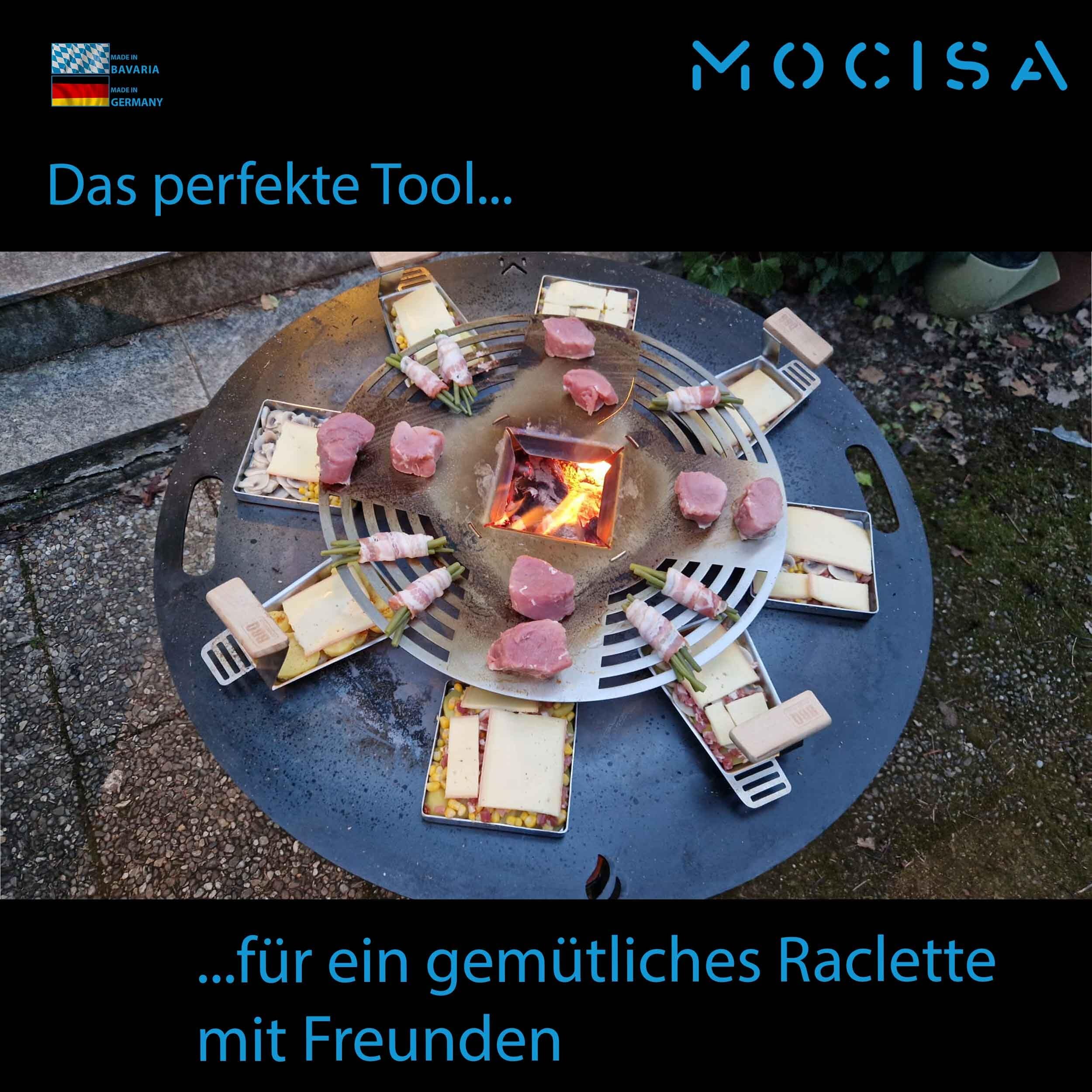 Racletteaufsatz für Feuerplatte mit Loch 20 Edelstahl Set mit 4 Pfännchen
