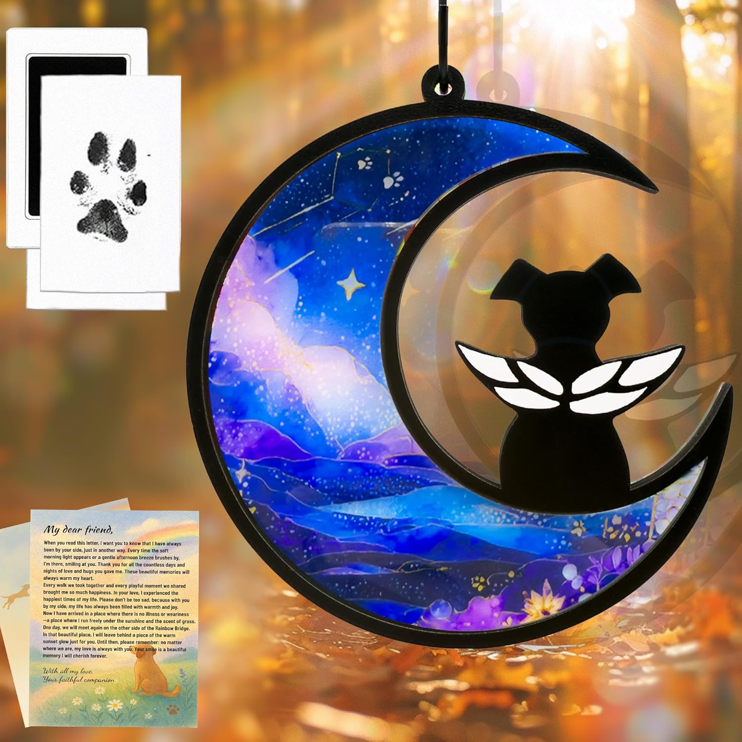 Dog Memorial Gift for Loss of Dog – DIY Angel Memorial Suncatcher & Paw Print Kit for Dogs with Sympathy Card | Pet Memorial Keepsake(Starry Haven) A6-Starry Haven
