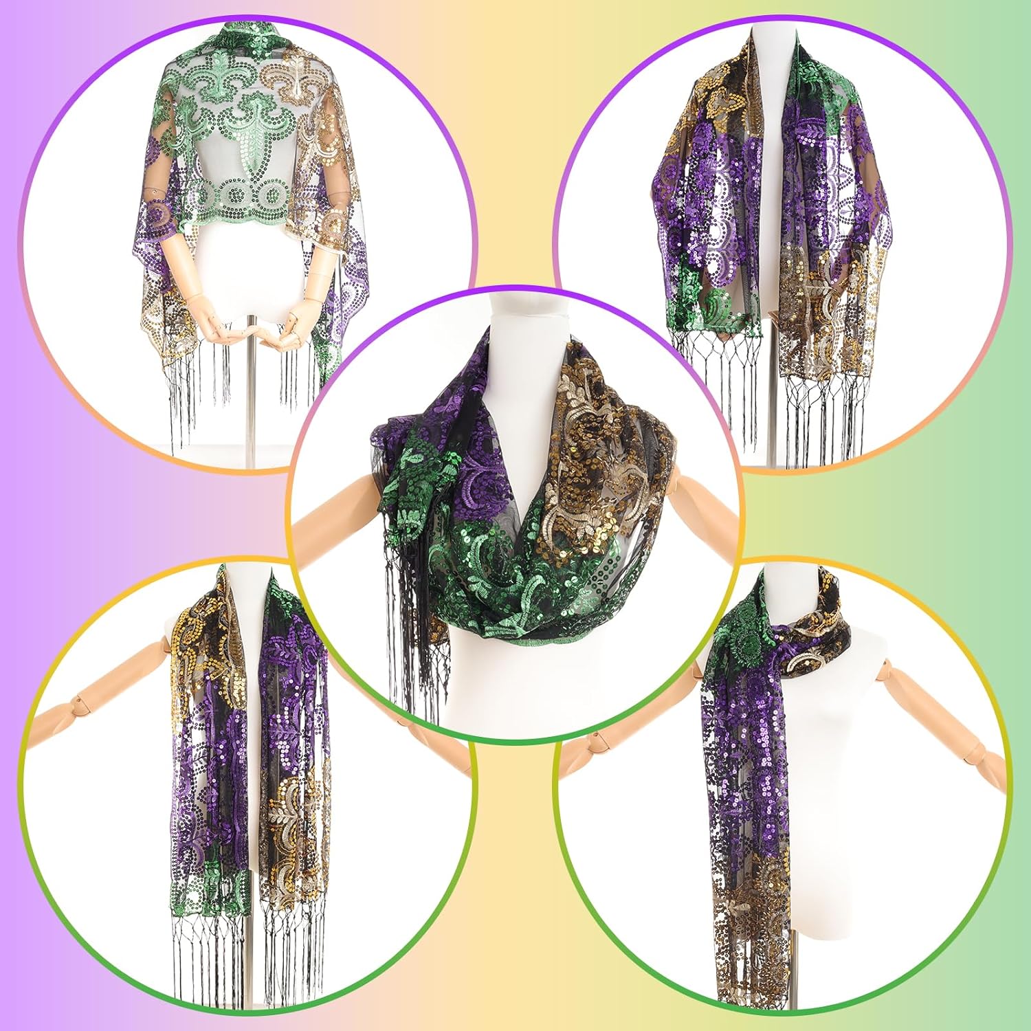 Fumwase Mardi Gras Shawl Scarf Costume Masquerade Party Favor Accessories Glitter Tri-colors Mask for Women - Image 3