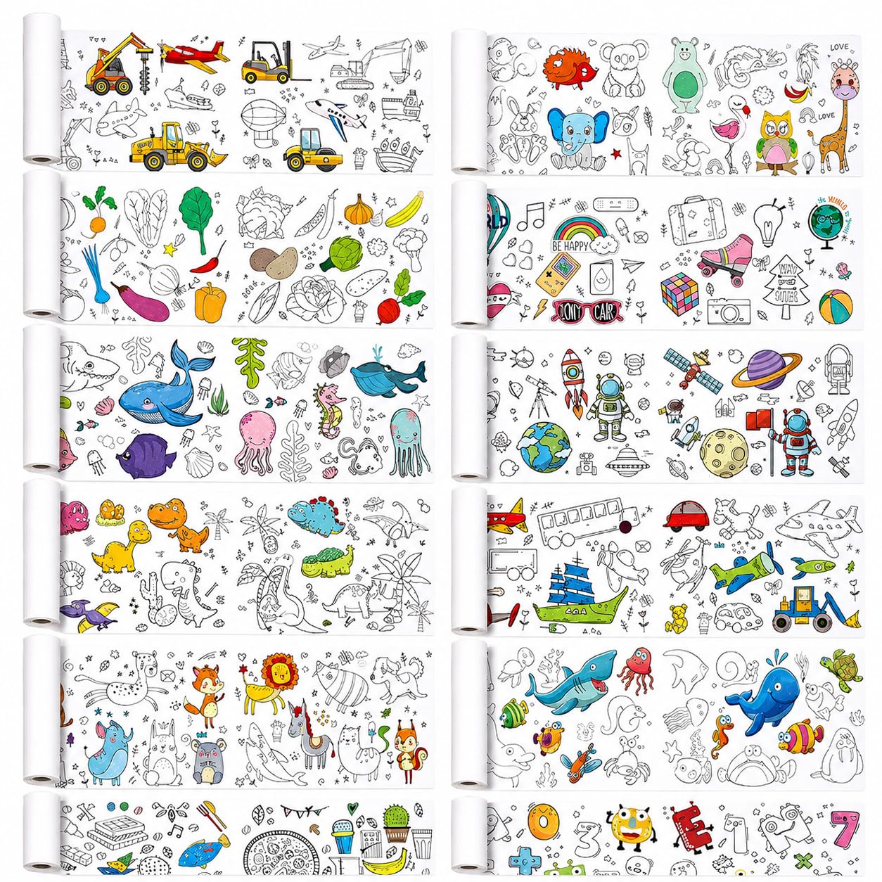 12 Pack Colouring Paper Roll for Kids - 30 cm × 90 cm Drawing Paper Roll - 12 Pattern DIY Art Paper for Drawing, Painting, Colour Filling and Craft Activities