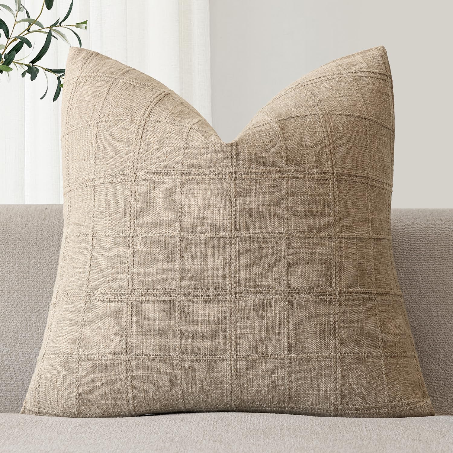 Foindtower Set of 1 Decorative Linen Check Throw Pillow Cover Neutral Farmhouse Vintage Cushion Cover Modern Coastal Boho Home Decor for Sofa Chair Couch Bedroom Living Room,18×18 Inch,Camel