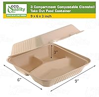 Vista 3 de [Paquete de 50] Contenedor de alimentos compostable con bisagras de 9 pulgadas y 3 compartimentos, bagazo de caña de azúcar, sin árboles