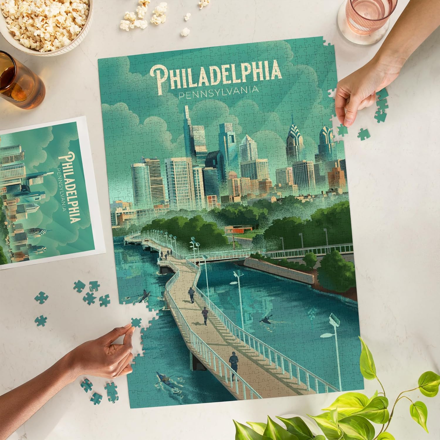 "Lantern Press Philadelphia, Pennsylvania, Lithograph, City Series, 1000 Piece Jigsaw Puzzle for Adults, Made in USA with Reference Poster"