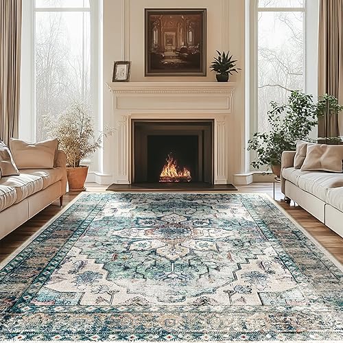 BESTSWEETIE 6x9 Area Rug Washable Rugs for Living Room, No Pile Boho Carpet for Entryway Bedroom Dinning Room, Vintage Carpet Print Distressed Non-Slip, 6 x 9 ft, Green