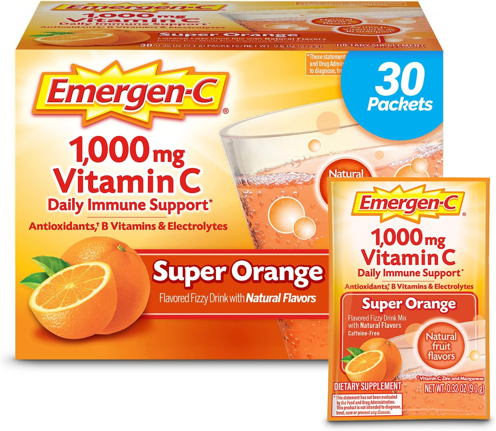 Emergen-C 1000mg Vitamin C Powder for Daily Immune Support Caffeine Free Vitamin C Supplements with Zinc and Manganese, B Vitamins and Electrolytes, Super Orange Flavor - 30 Count