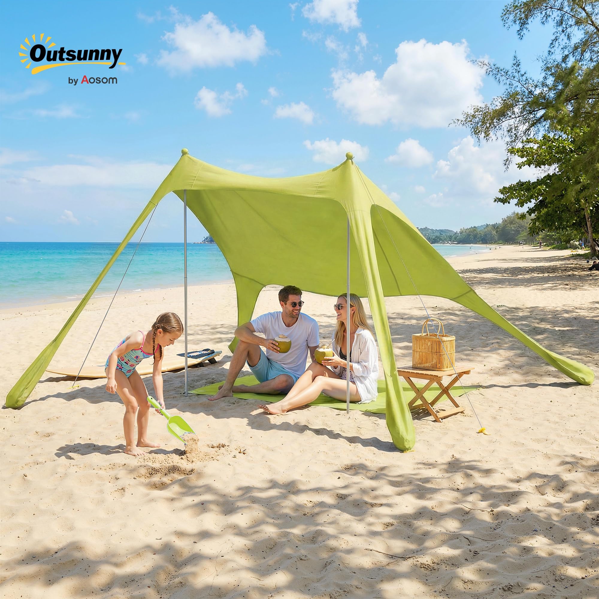 Outsunny Tenda da spiaggia pieghevole 208 x 200 cm, tenda da spiaggia portatile per 2-4 persone con tappetino, UPF50+, pali in alluminio, pala, picchetti e borsa per il trasporto impermeabile, per
