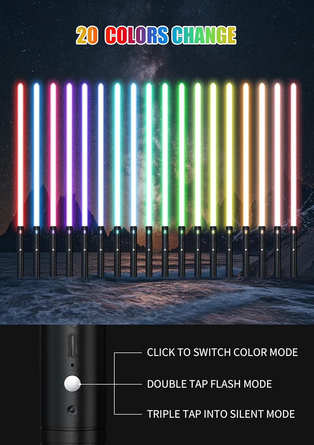 Lightsaber 2 Pack - Metal Hilt Dueling Light Sword with Connector (2-in-1), 20 RGB Colors & 3 Sound Modes, Rechargeable Cosplay Toy for Kids & Adults Gift, Halloween Christmas (24 in,Black)