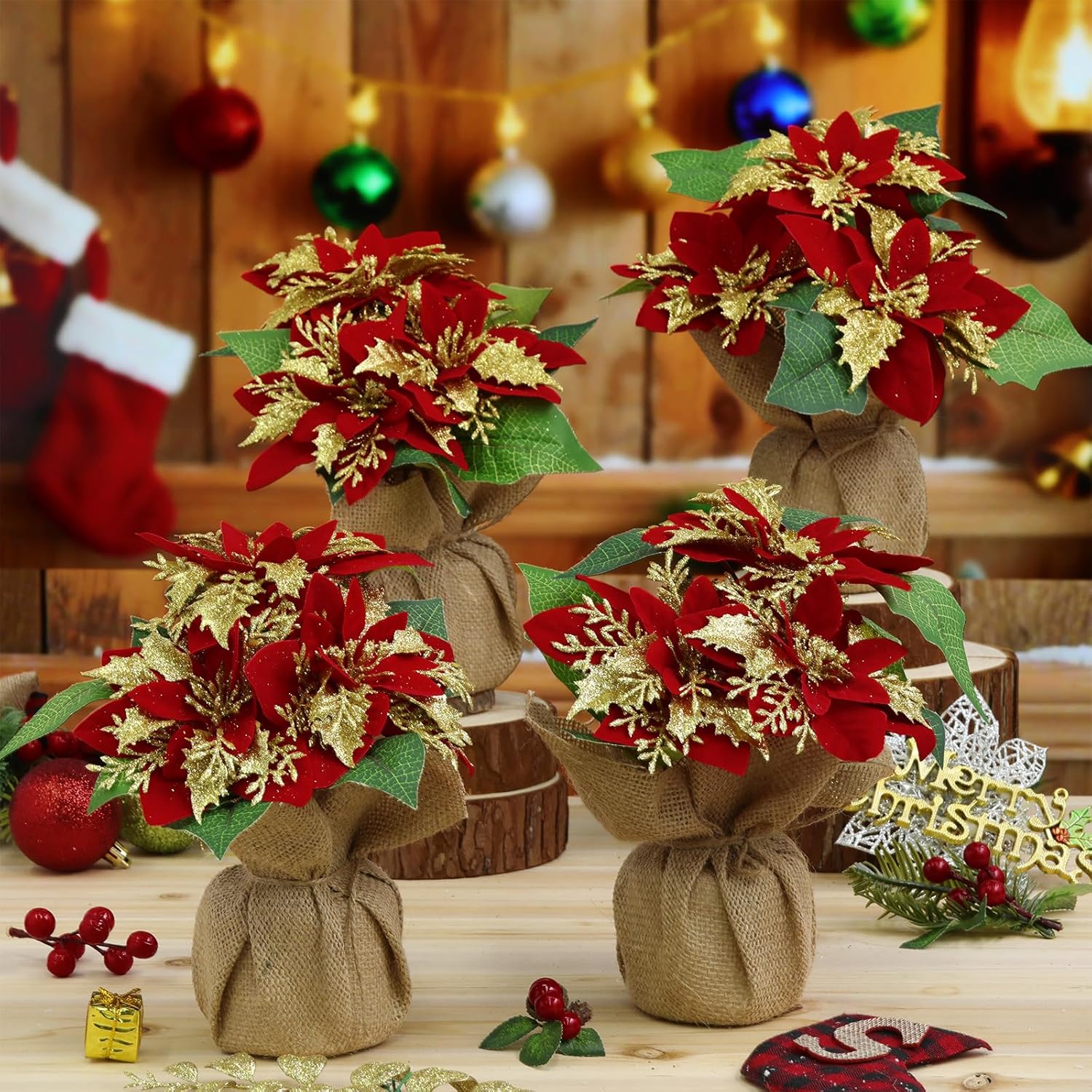 Suncalla 4 Pack Mini Artificial Poinsettias in Pots 9 inch Faux Red Glitter Poinsettias Plants Tabletop Christmas Centerpieces for Home Office Table Indoor Xmas Holiday Indoor(Burlap,Beige)
