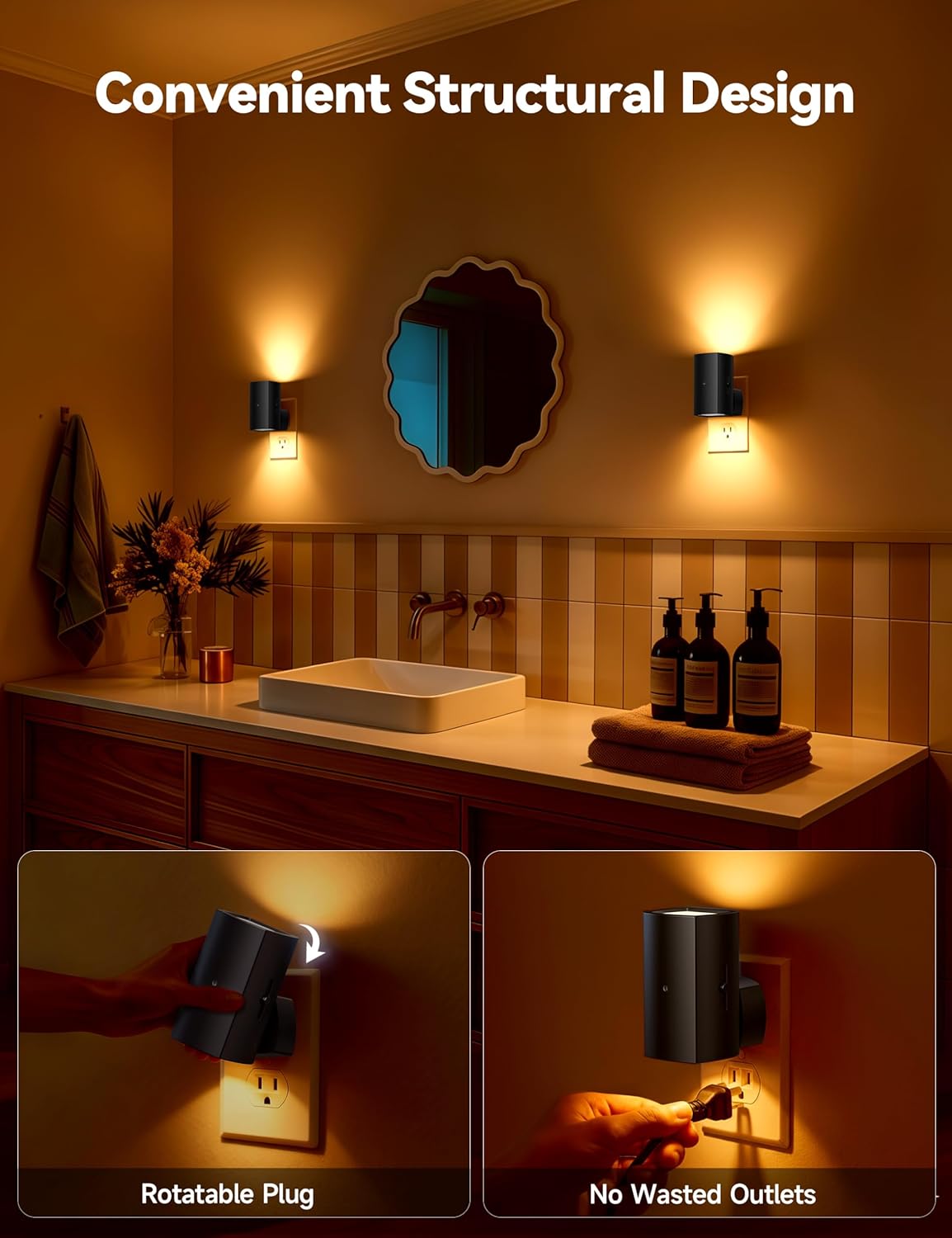 Brightown 2 Pack Black White Night Lights Plug into Wall, Modern Night Light with Rotating Plug, Dusk to Dawn Sensor, 0-100LM Stepless Dimming Aora Night Light for Hallway Bedroom Bathroom,Amber