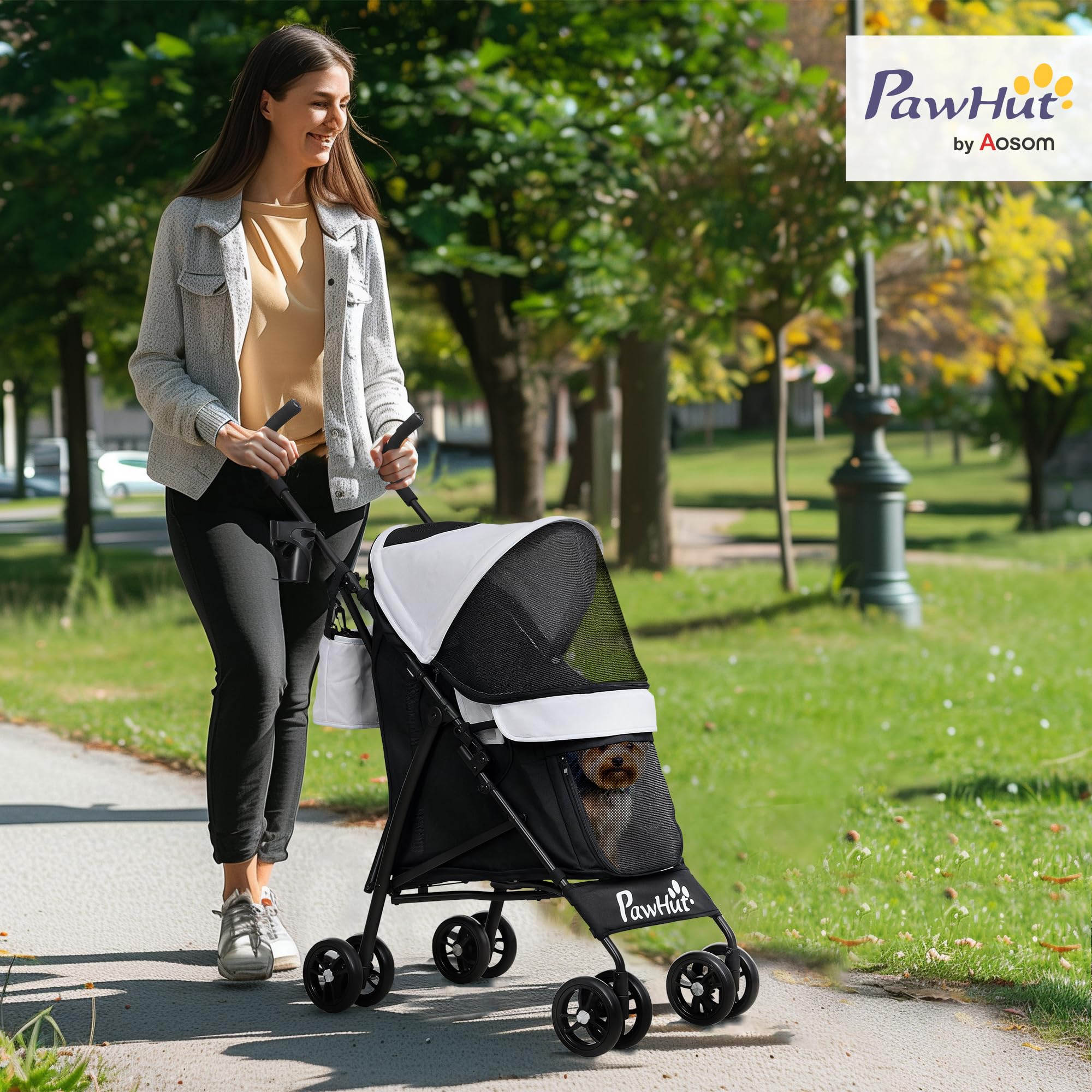 PawHut Poussette chien, poussette pour chien 4 roues, chariot pour chien, structure parapluie, légère, pliable, roues en EVA, sac de rangement, poussette chat charge 4 kg, gris clair