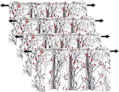 Miniatura 6 de 4 paneles de cenefas opacas para ventanas de cocina, cenefas cortas con estampado de ramas de árbol de cerezo rojo para dormitorio, sala de estar,