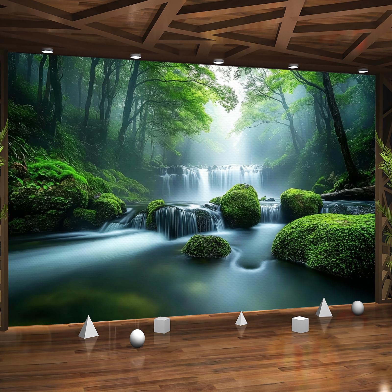 Générique Papier Peint Panoramique 3D 300x210 cm Forêt Cascade Non-tissé Murale Maison Décoration Intérieure Nature Paysage pour Chambre Salon Mur TV Artistique Poster Décoration Murale 1M2474