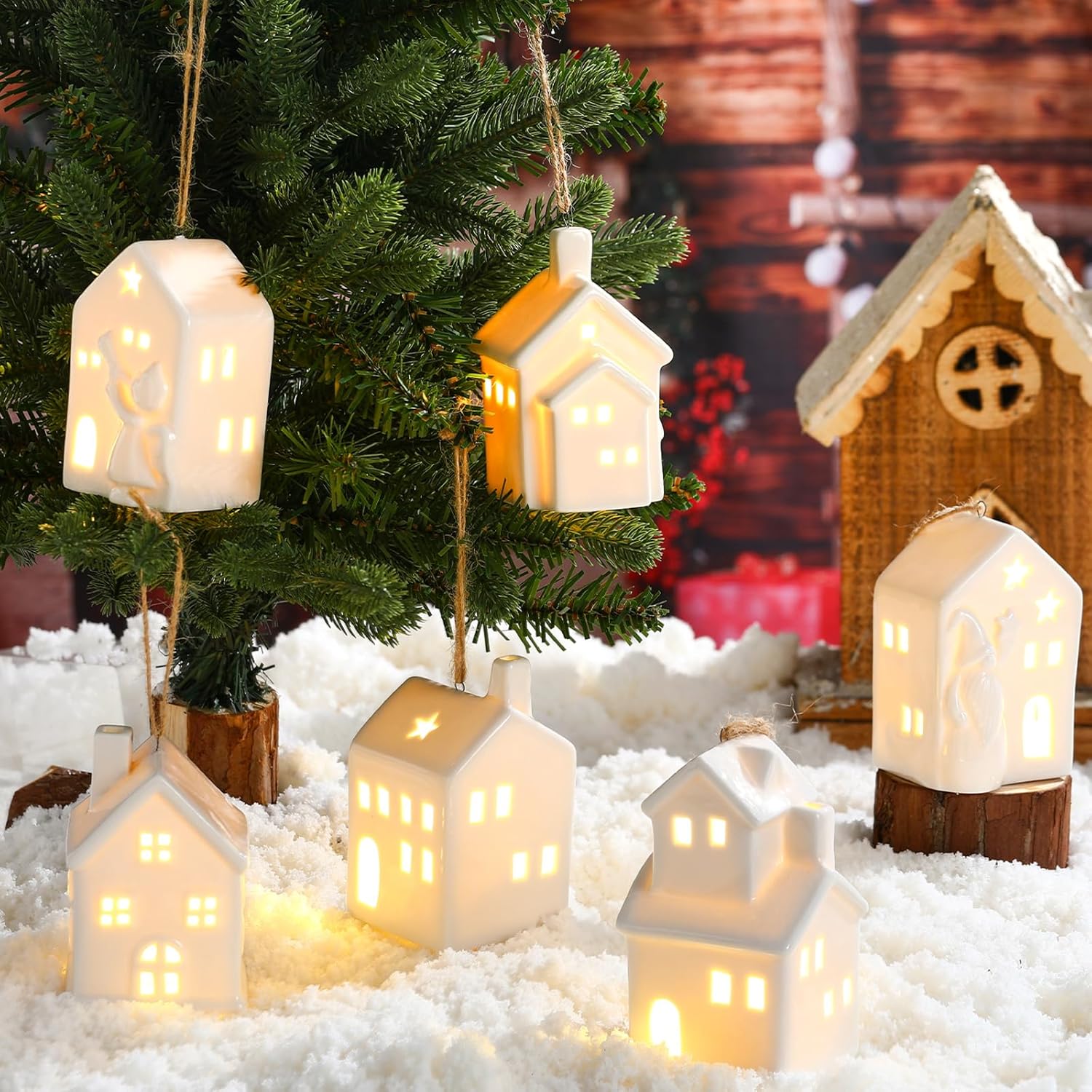 Soaoo 6 Pcs Ceramic White Village House Ornaments for Christmas Tree White Winter Snowy Village Hanging Decorations Lighted Small Porcelain House with Ropes for Christmas Xmas Tree Party Holiday Decor