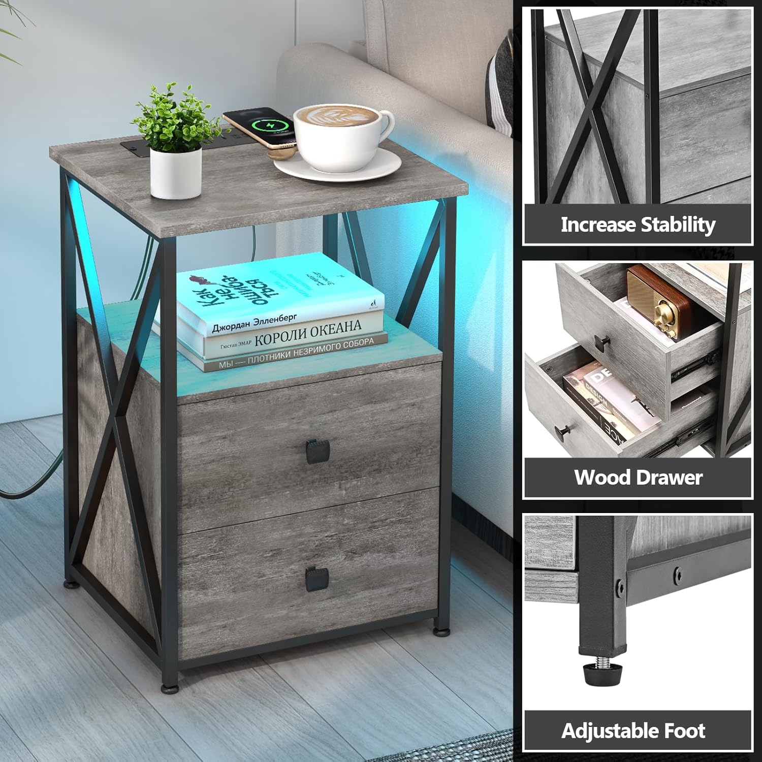 Livofloral Nightstands with Wireless Charger, Grey Side Tables with Storage, End Tables with Charging Station, LED Bedside Table with Wooden Storage Drawers for Bedroom, Side Tables Living Room