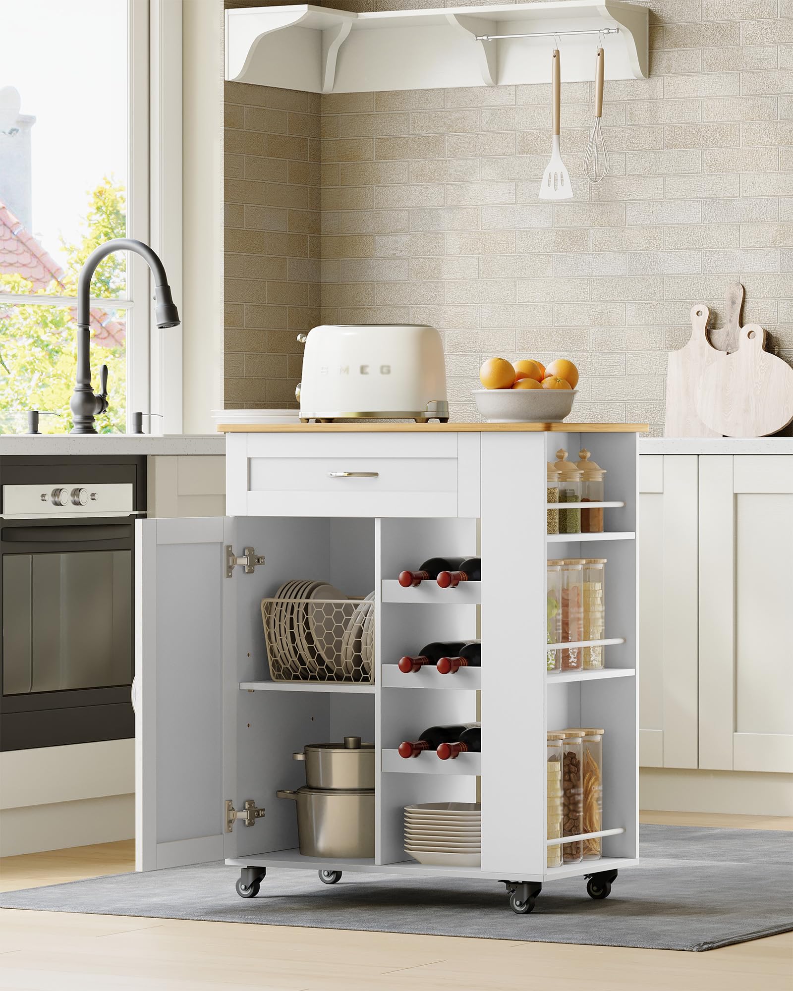 Hzuaneri Carrello Cucina, Mobile Cucina, Scaffale 3 Ripiani con Espositore per Vino, Mobile Multifunzione con Ruote, per Cucina, Soggiorno e Sala da Pranzo, 40 x 68 x 86 cm, Bianco ST03003W