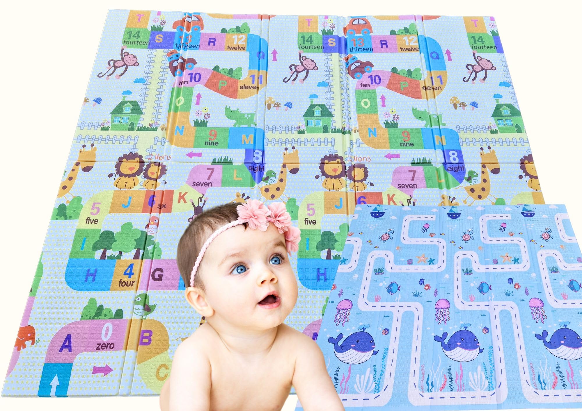 Alfombra Bebe, 200 x 180 cm, 1,5 cm Grosor, Diseño Infantil, Acolchada de XPE, Reversible y Plegable, Tapete Actividades, Colchoneta para Niños para Juegos en el Suelo (BALLENA)