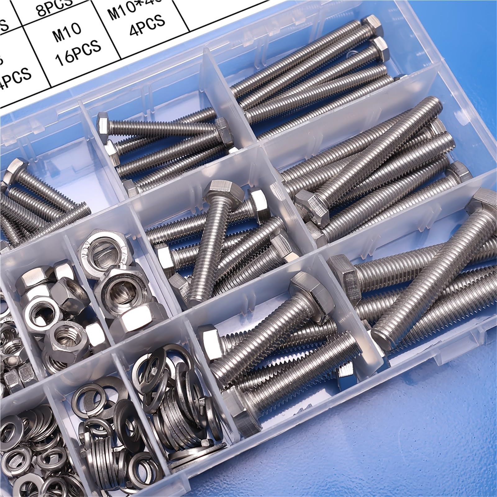 Set Di Bulloni E Dadi Kit di bulloni e dadi esagonali for carichi pesanti in acciaio inossidabile da 176 pezzi, M6, M8, M10, completamente filettati, for uso domestico macchinari