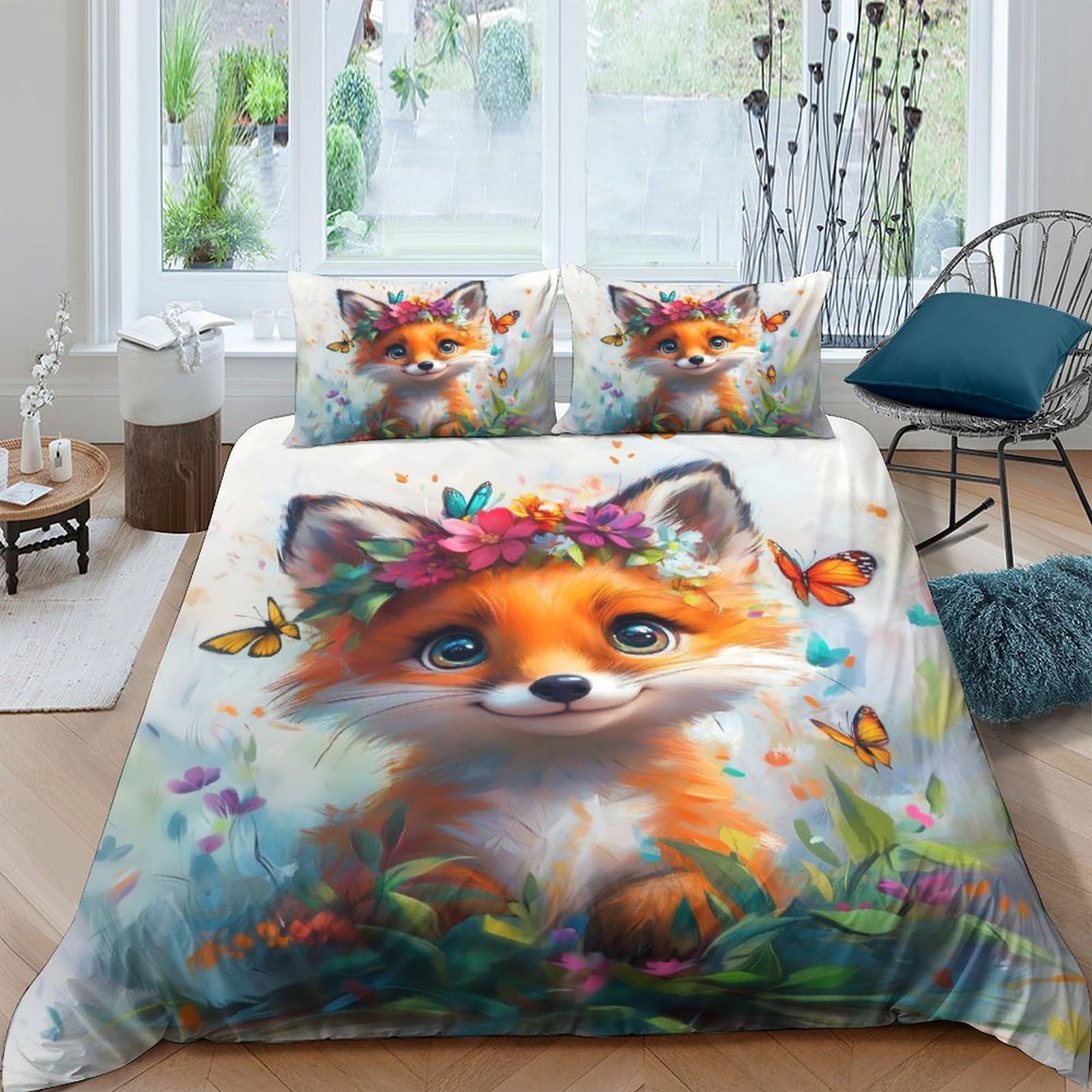 Ctjqhvkz Style-2 3D Printed Cute Fox Fitted Sheet Microfiber Soft Animal Forest Flowers Mattress Cover For Bedroom Guest Room Easy Care Single（135X200cm）
