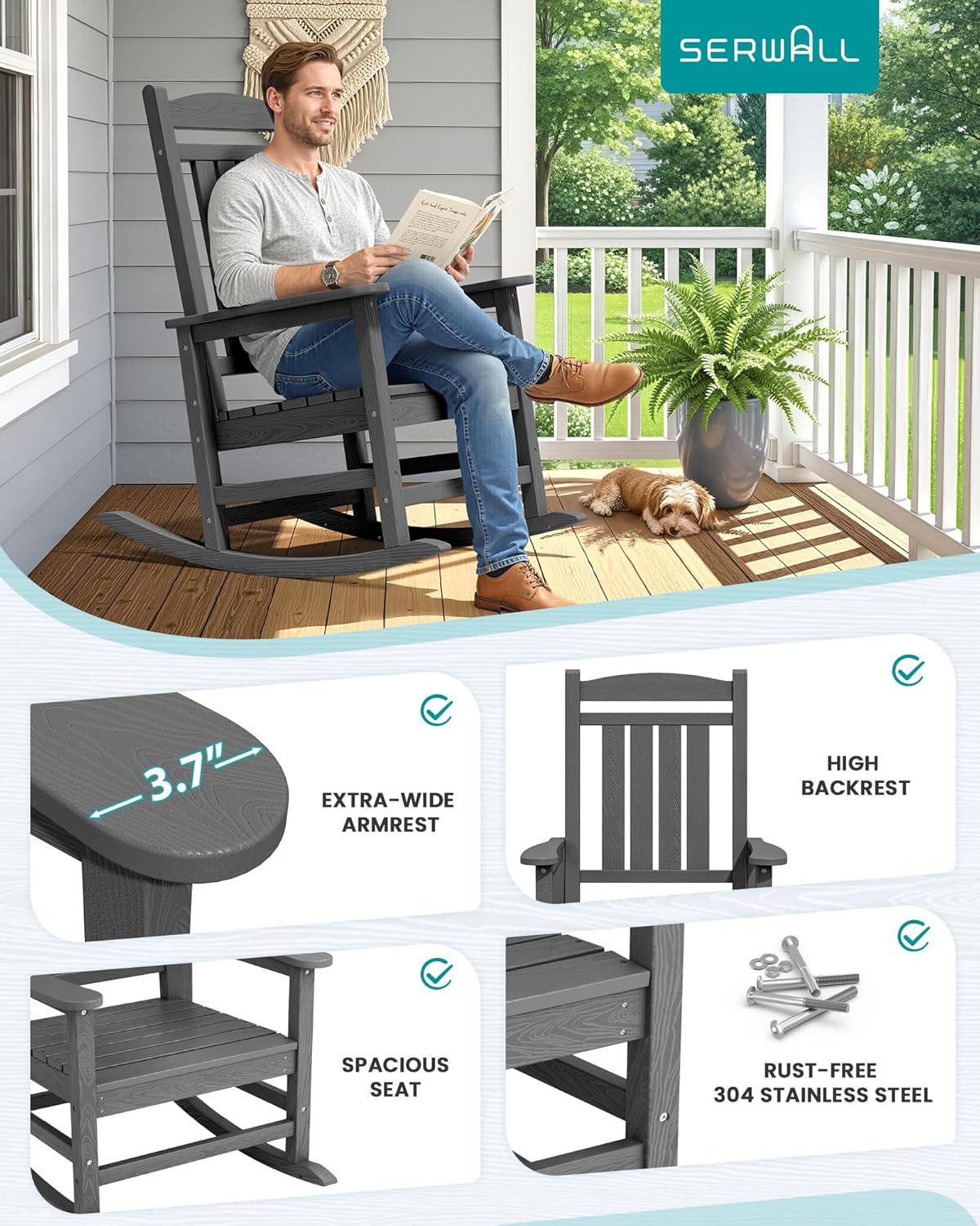 SERWALL Outdoor Rocking Chair Set of 2, HDPE Patio Rocking Chair, All-Weather Porch Rocker for Balcony, Yard, Dark Gray