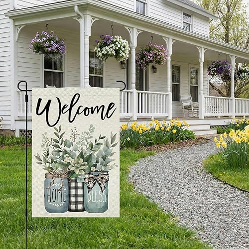 Miniatura 2 de CROWNED BEAUTY Bandera de primavera para jardín, tarro de eucalipto Mason de 12 x 18 pulgadas, doble cara, pequeña, de temporada, decoración floral