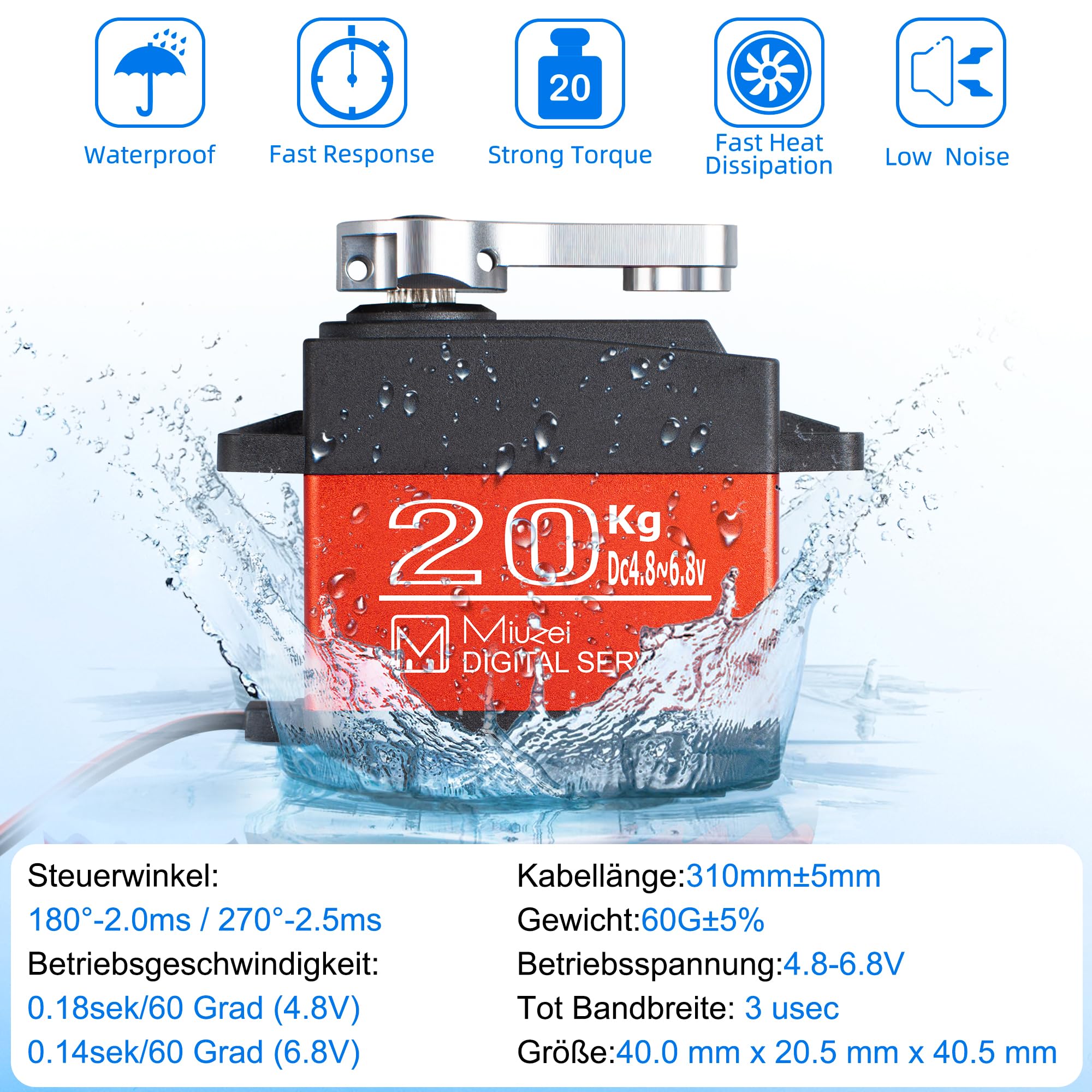 Miuzei 20KG Digital Servo High Torque Full Metal Gear Waterproof for RC Model DIY, DS3218MG,Control Angle 270° (3 PCS)