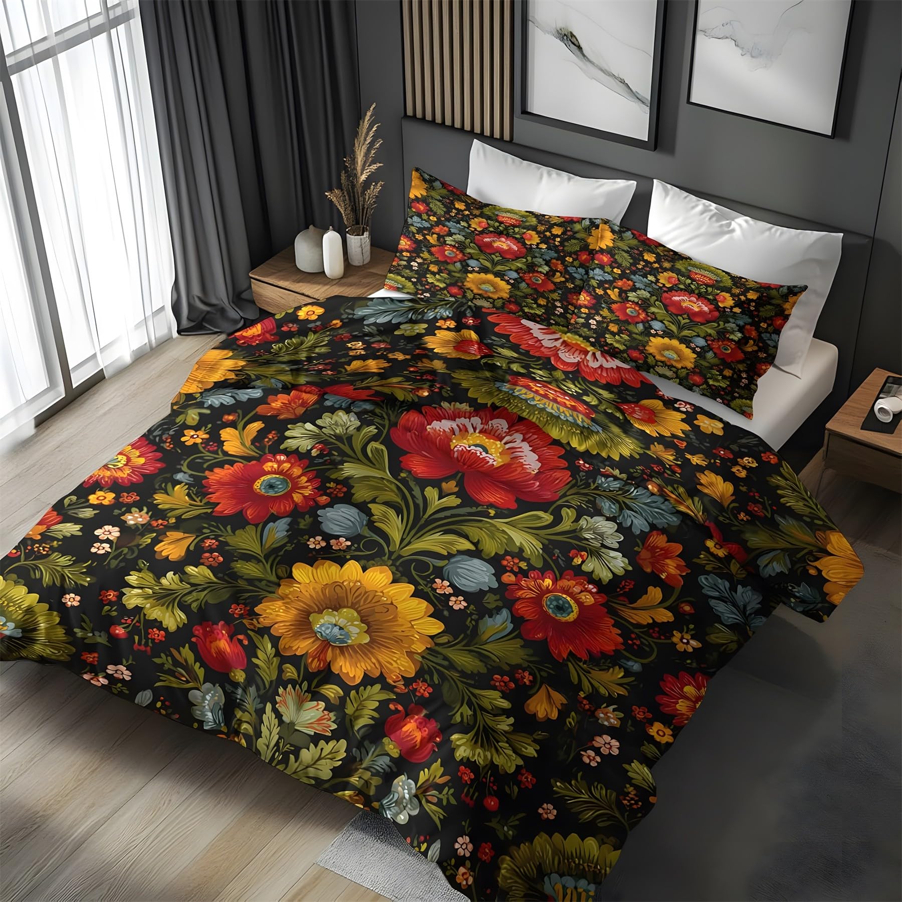 Housse de couette 240x260 motifs floraux vintage parure de lit noir