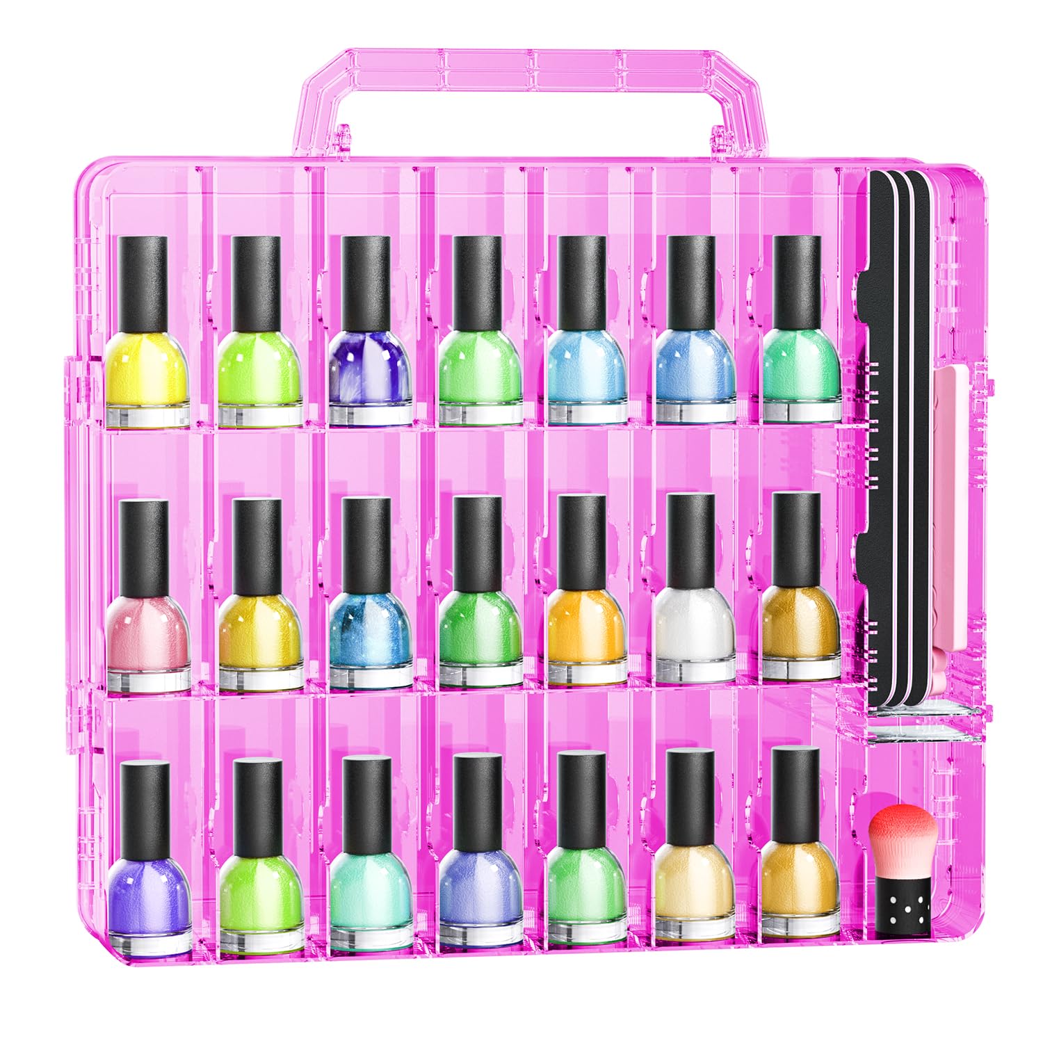 JIASHENG Nail Polish Organizer Case for 48 Bottles, Gel Nail Polish Storage Holder Double Side Adjustable Space Divider for Acrylic Nail Gel Dip Powder Tips Set with Two Toe Separator, Pink