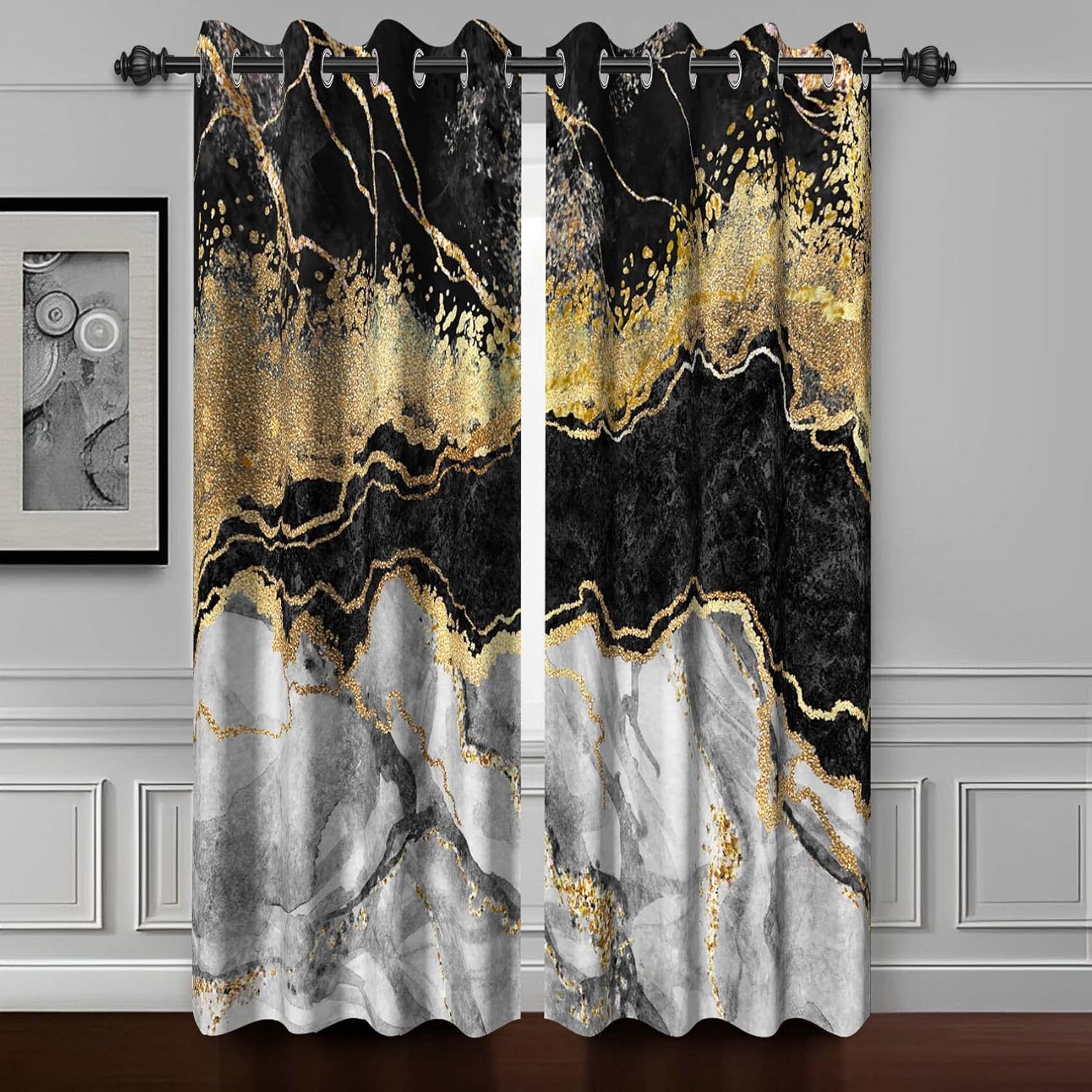 Baocicco Black Grey and Gold Marble Blackout Curtains for Bedroom Living Room Modern Luxury Design Gray and Gold Darkening Grommet Window Drapes Abstract Art Black Gold Curtains 2 Panels 42x84 Inch
