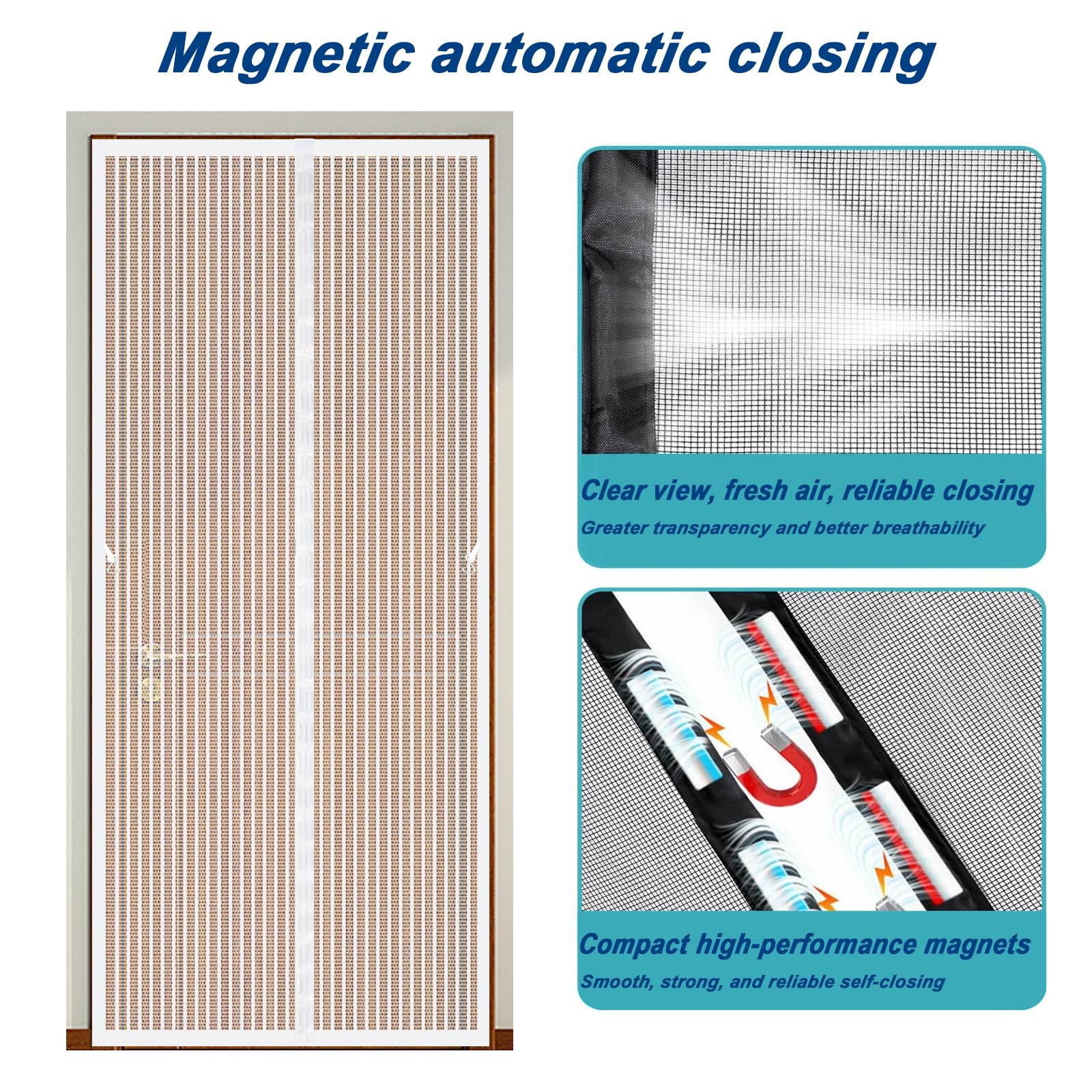 Fliegengitter Balkontür Magnet 175 x 200 cm Ohne Bohren, mit Starken Magneten, Selbstschließend, Keine Stechmücken, Magnetvorhang Terrassentür für Balkon Terrassentür, Weiß