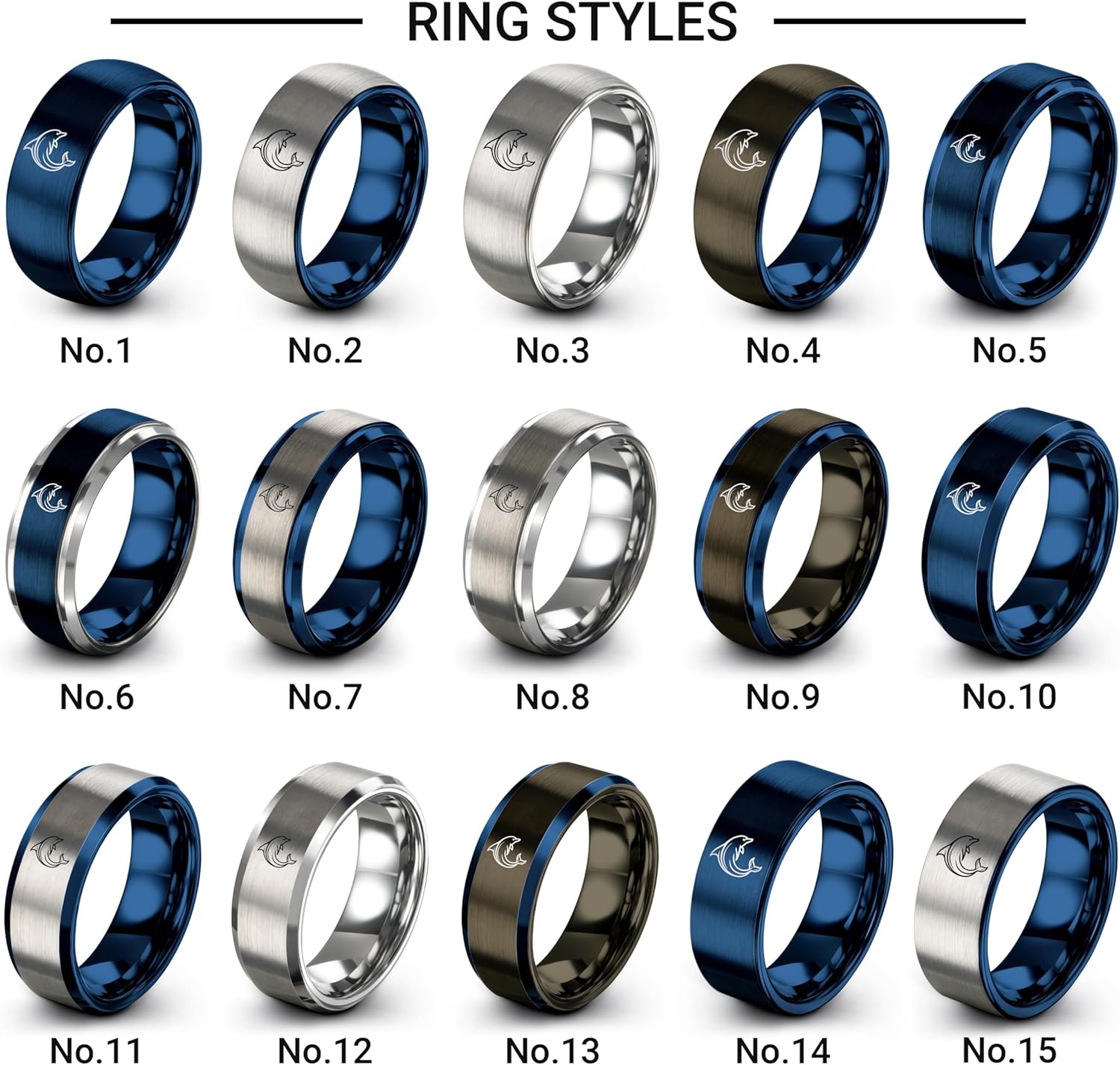 Dolphin Ring - Gift for Ocean Fan - Men Women - 8mm - Flat Dome Bevel - Brushed Polished - Band - Anniversary Wedding - Blue Gunmetal Silver - Personalized Custom Engraving - Tungsten Carbide