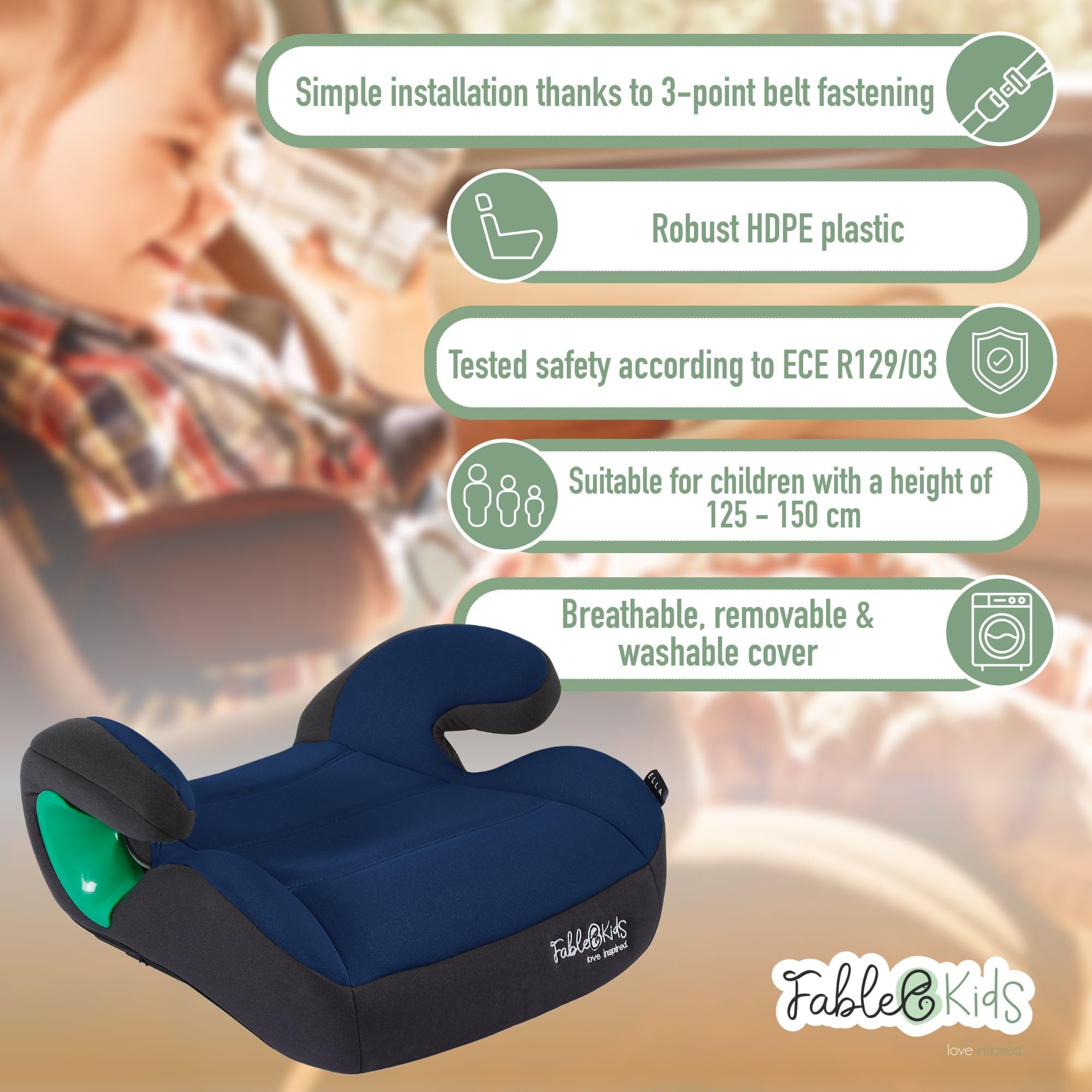FableKids Fotelik samochodowy | 3-punktowa uprząż bezpieczeństwa | Fotelik samochodowy do 5 lat | Fotelik samochodowy dla dzieci 125-150 cm | Fotel podnoszący ECE R129/03 | 43 x 40 x 21 cm | Niebieski