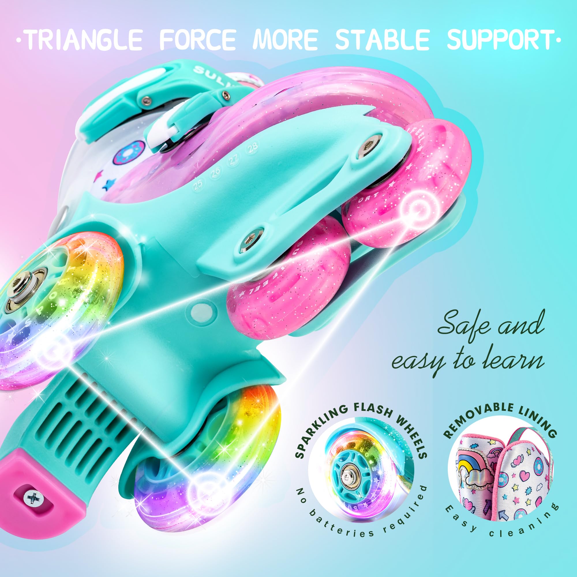SULIFEEL Pattini a rotelle regolabili per bambini per ragazze e ragazzi, divertenti ruote illuminanti flash a tre punti di equilibrio tipo adatto per i principianti pattinaggio a rotelle al coperto