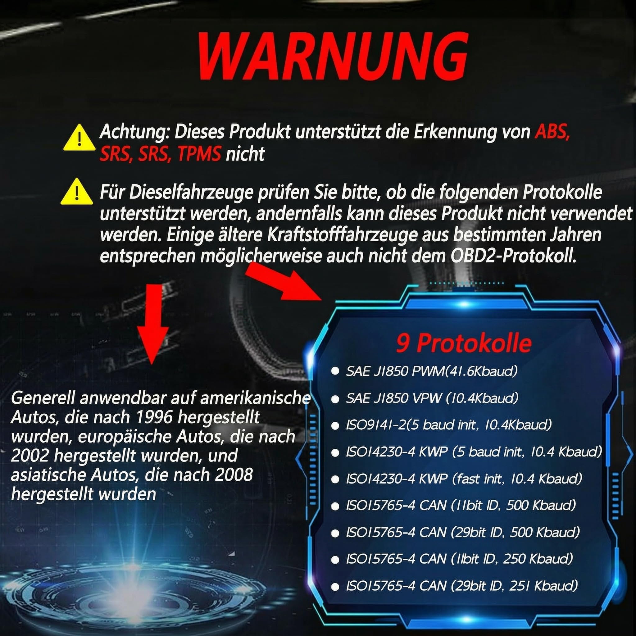 OBD2 Diagnosegerät, Auslesegerät KFZ für OBDII Autos, OBD Adapter, A | OBDII Diagnosewerkzeuge mit Alle OBD2 Funktionen, Motor Diagnose, Batterietest, Fehlerauslesegerät ab 2002 für alle Fahrzeuge
