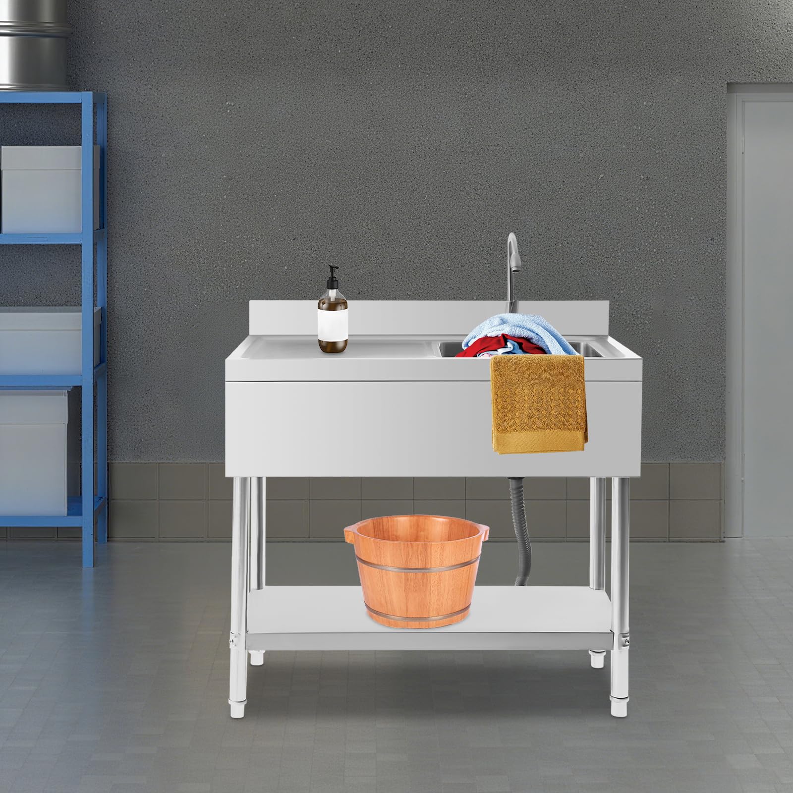 Fregadero profesional de acero inoxidable 100 x 60 x 80 cm con estante, fregadero independiente con cesta filtrante, capacidad de carga de 300 kg y grifo de 360°, para cocina, lavandería, garaje