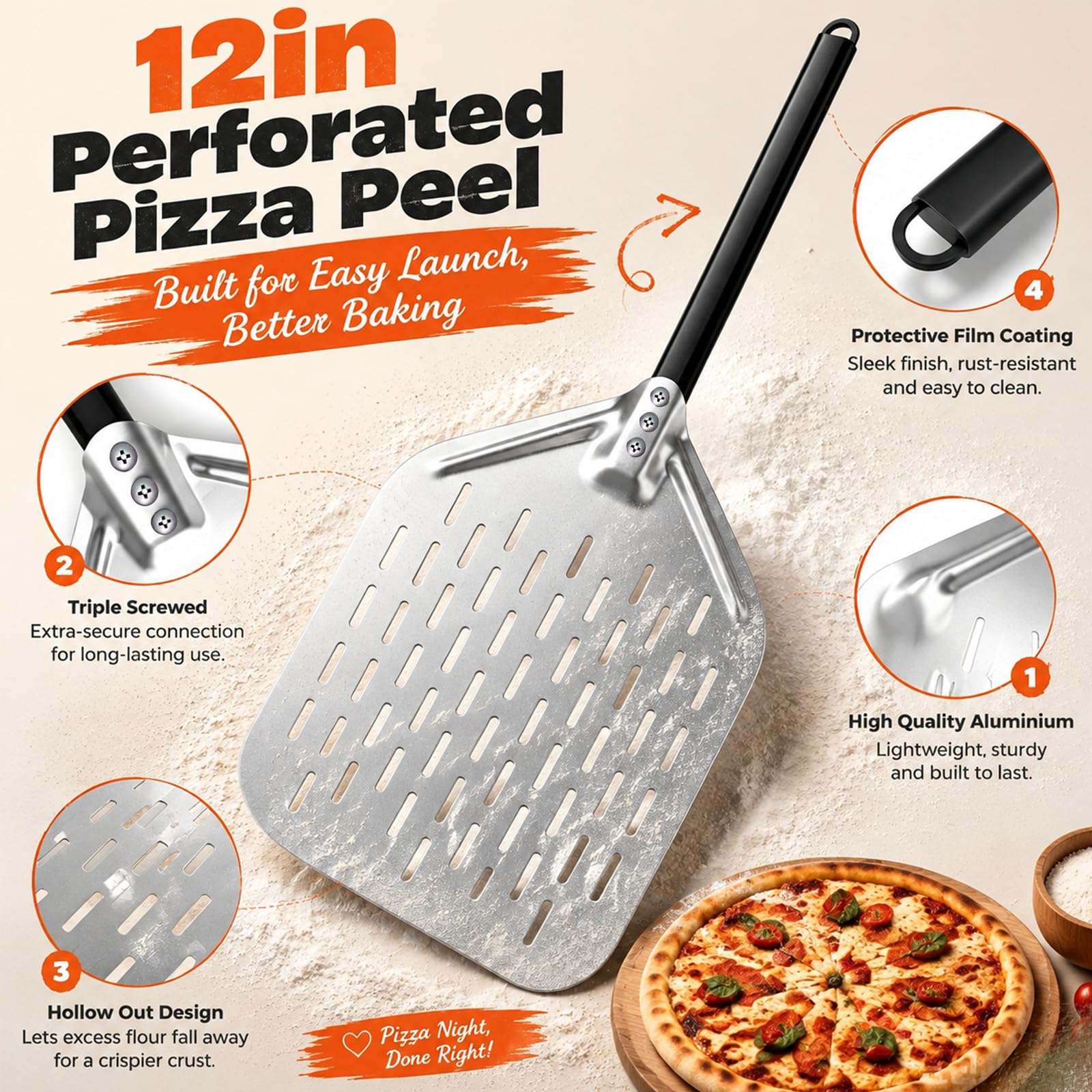Lot de 4 accessoires de four à pizza perforés de 30,5 cm, pelle à pizza de 22,9 cm avec long manche antidérapant, pelle à pizza avec roulette à pizza et brosse de four, pour pain, tarte