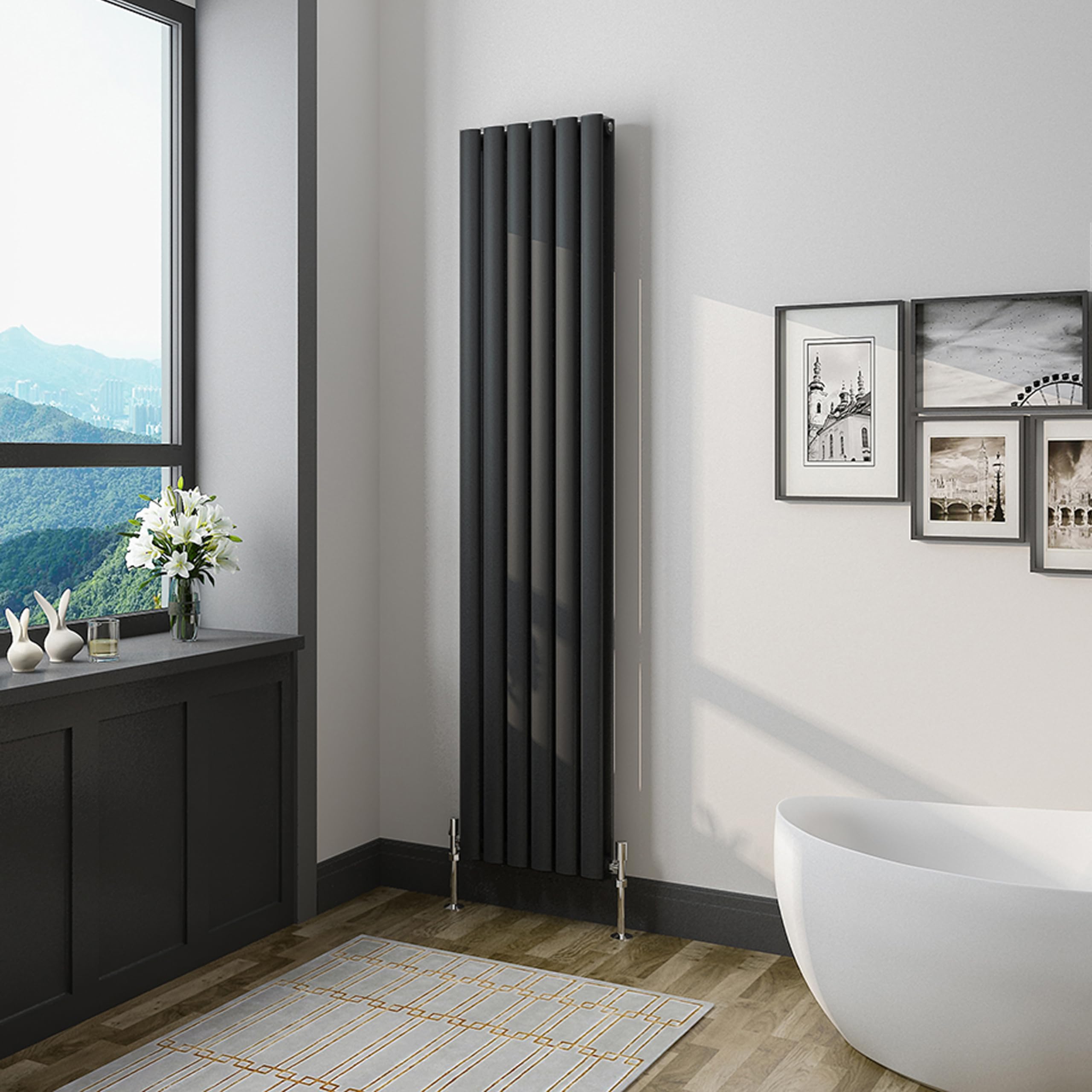 Biubiubath Oval Black Double Modern Central Heating Radiator Designer 600x1593mm Radiator