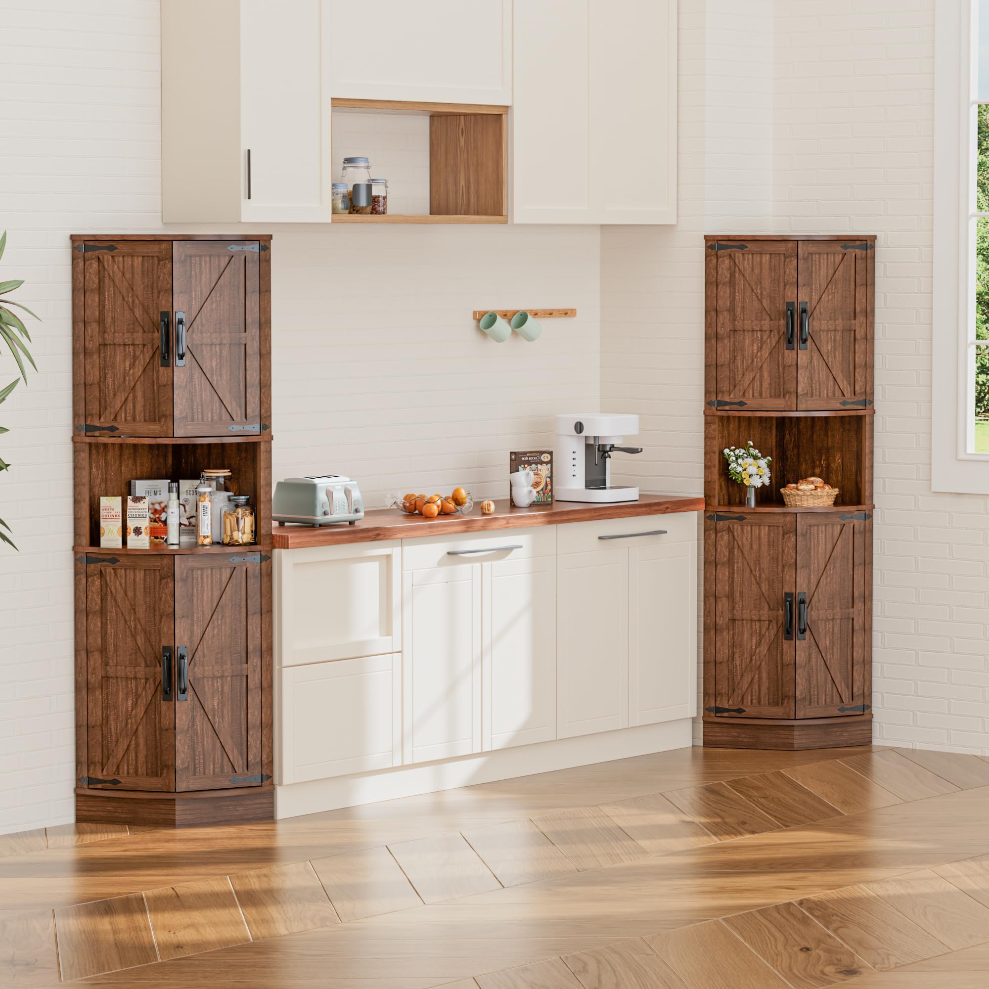 BonVache Küchenschrank Hoch, Eckschrank, Badezimmerschrank Schmal, Eckregal mit 4 Türen und 5 Ablageflächen, 165cm Aufbewahrungsschrank Holz, Hochschrank für Küche, Wohnzimmer, Esszimmer, Braun