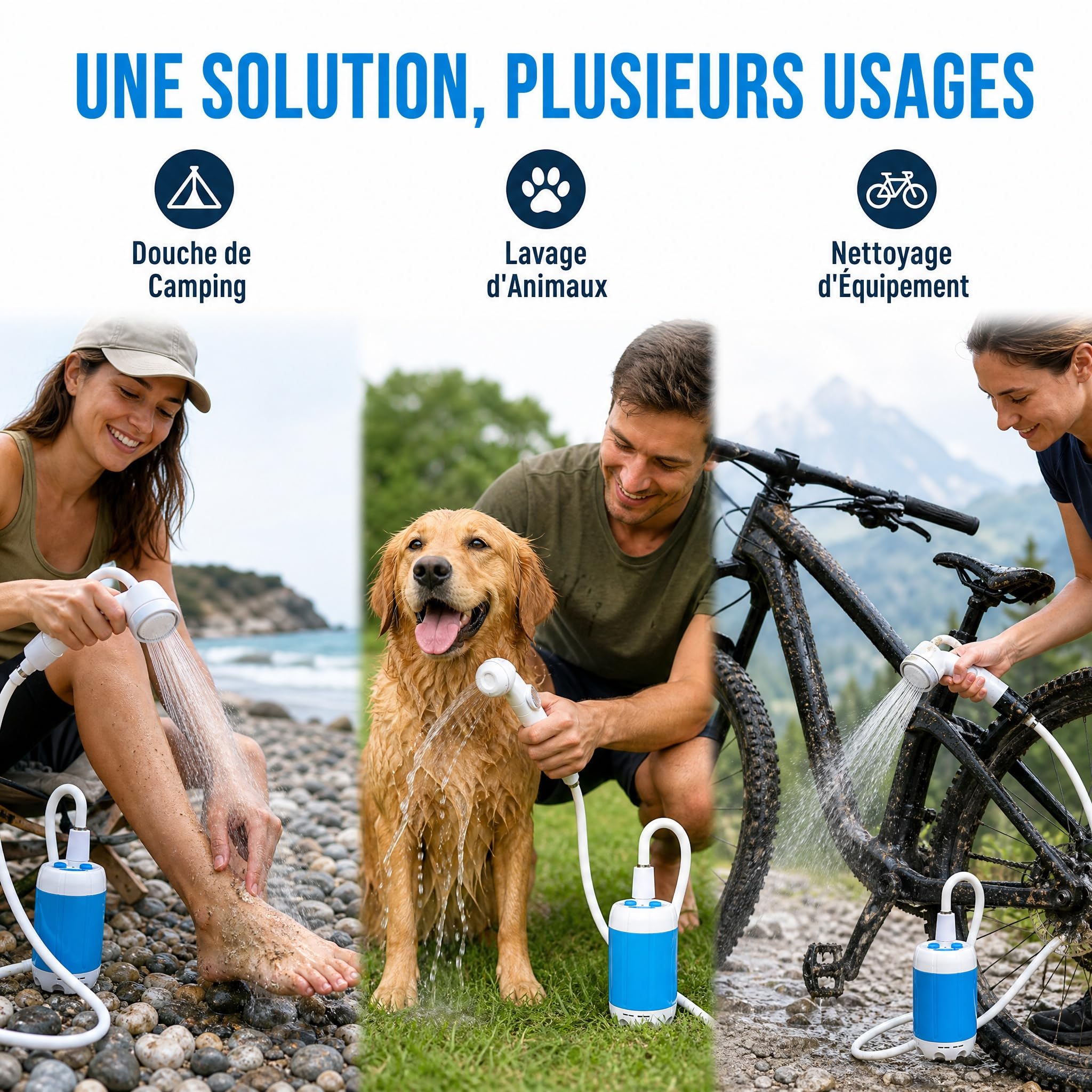 Douche De Camping Portable 12v avec Pompe Immergée, Pompe Douche Camping, Kit Complet avec Tuyau 2,2m, Compacte Légère Débit Réglable pour Camping Plage Jardin Randonnée Extérieur