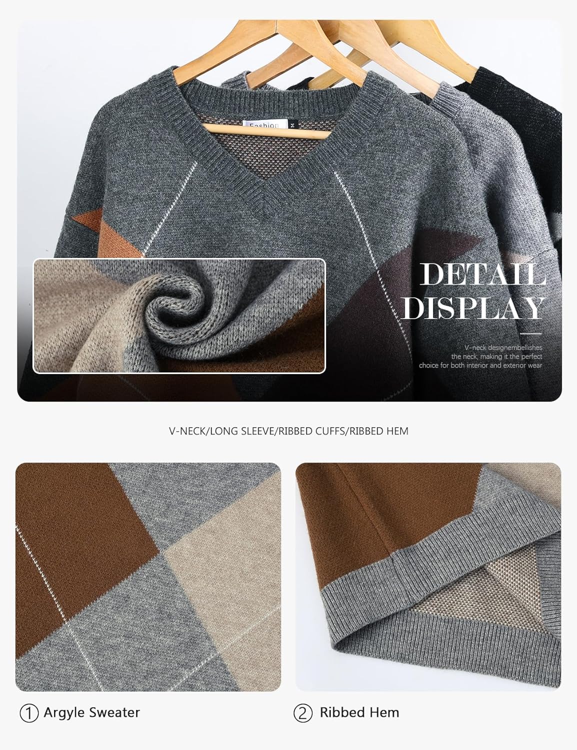 Wyeysyt Argyle Sweater Women Casual Plaid V Neck Drop Shoulder Pullover Sweaters Color Block Chunky Knit Top - Image 5