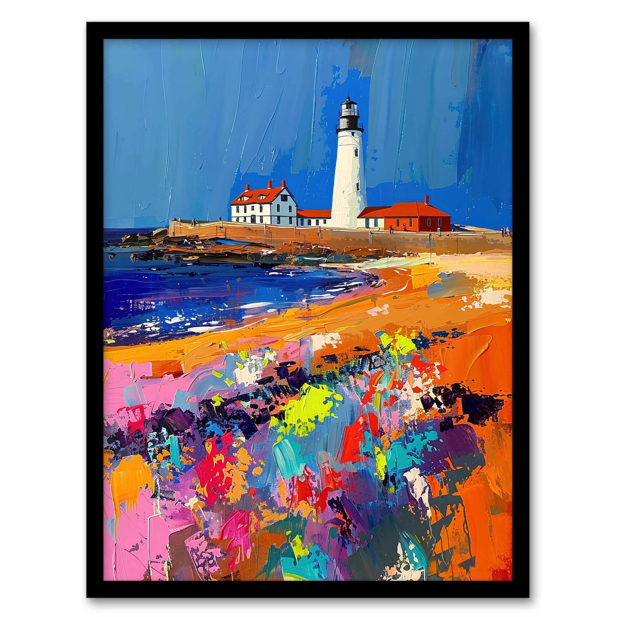 Artery8 St Mary's Lighthouse Whitley Bay Palette Knife Bathroom Toilet Artwork Framed Wall Art Print 18X24 Inch