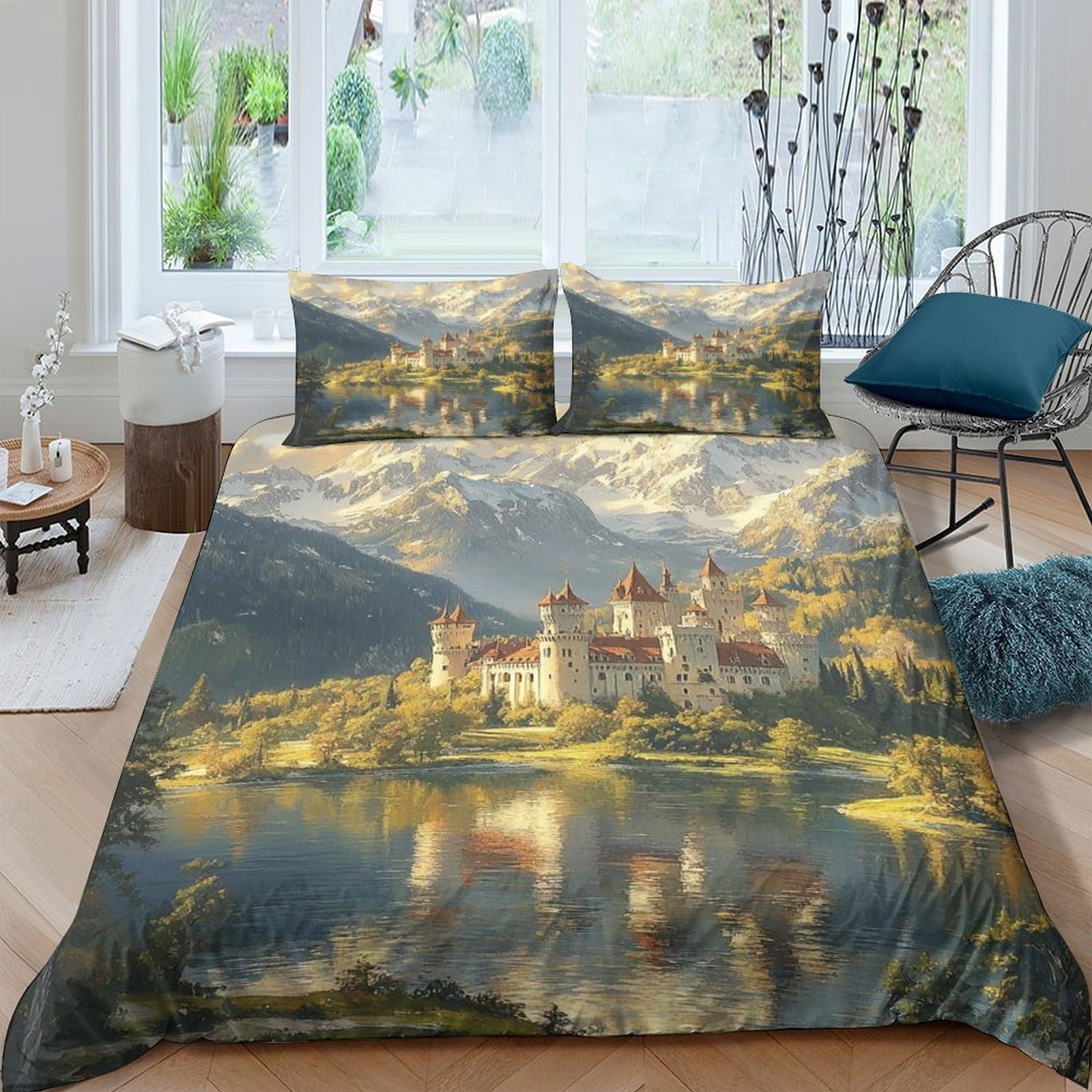 Ctjqhvkz Style-3 3D Printed Castle Mountain View Fitted Sheet Microfiber Soft Breathable Lake Reflection Bed Cover For Bedroom Dorm Mattress Protection Single（135X200cm）