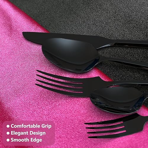 Miniatura 5 de Juego de cubiertos negros de acero inoxidable de 20 piezas, cubiertos con asa, moderno acabado espejo, servicio para 4, apto para lavavajillas