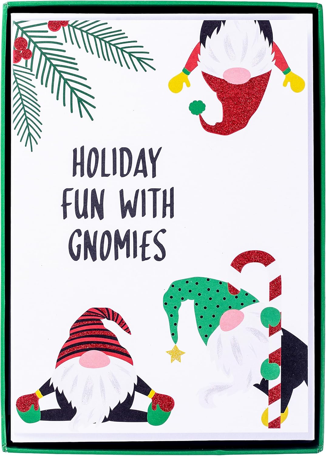 Graphique Holiday Fun with Gnomies Cards - Pack of 15 Cards with Envelopes - Christmas Greetings - Glitter Accents - Boxed Set - 4.75" x 6.625"