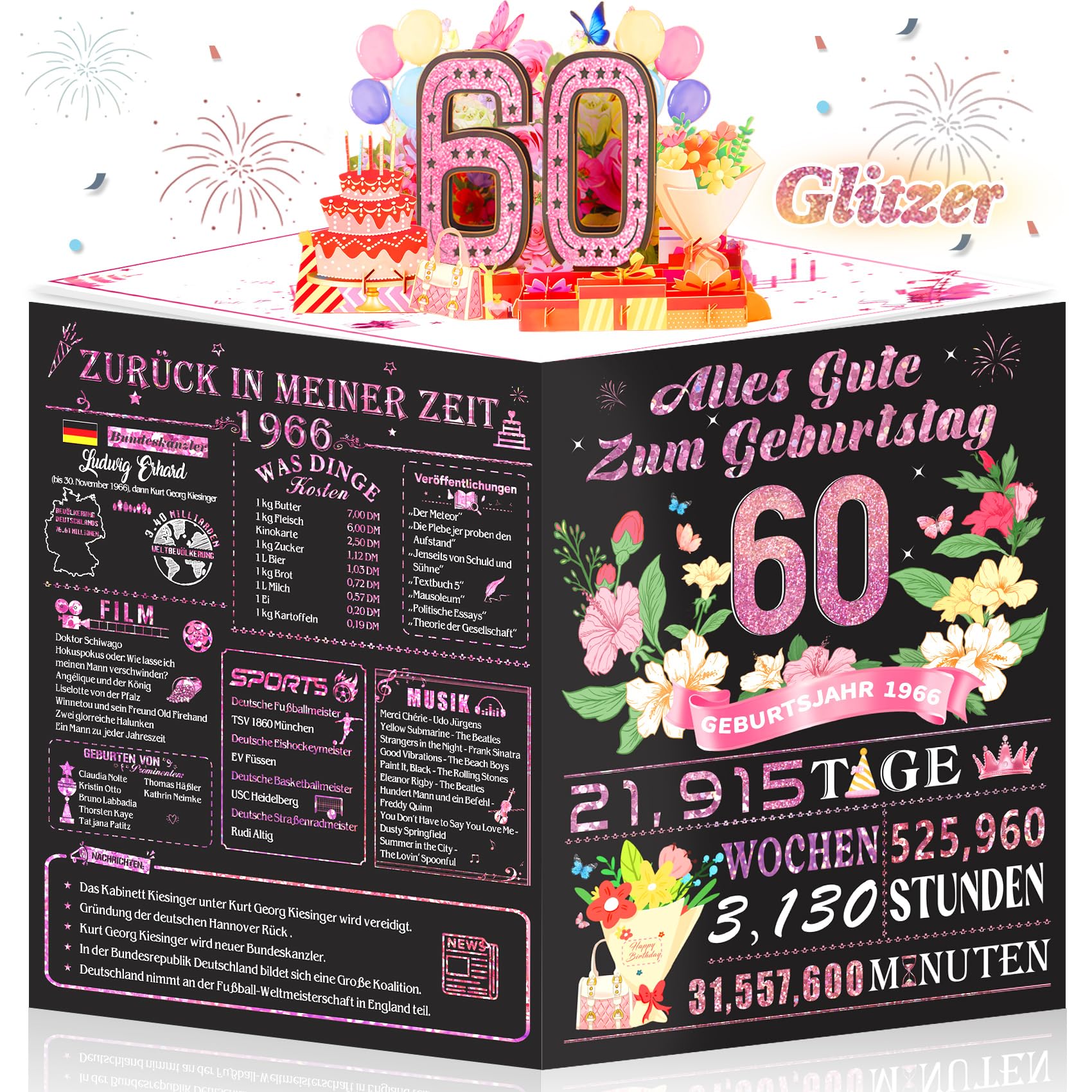OLOSONG Geburtstagskarte 60 | 3D Pop Up Karte Geschenke Zum 60 Geburtstag für Frau, Lustige Roségold Deko 60. Geburtstag Für Mama Oma Ehefrau Freunde Schwester Sie, Back in 1966 Mit Umschlag