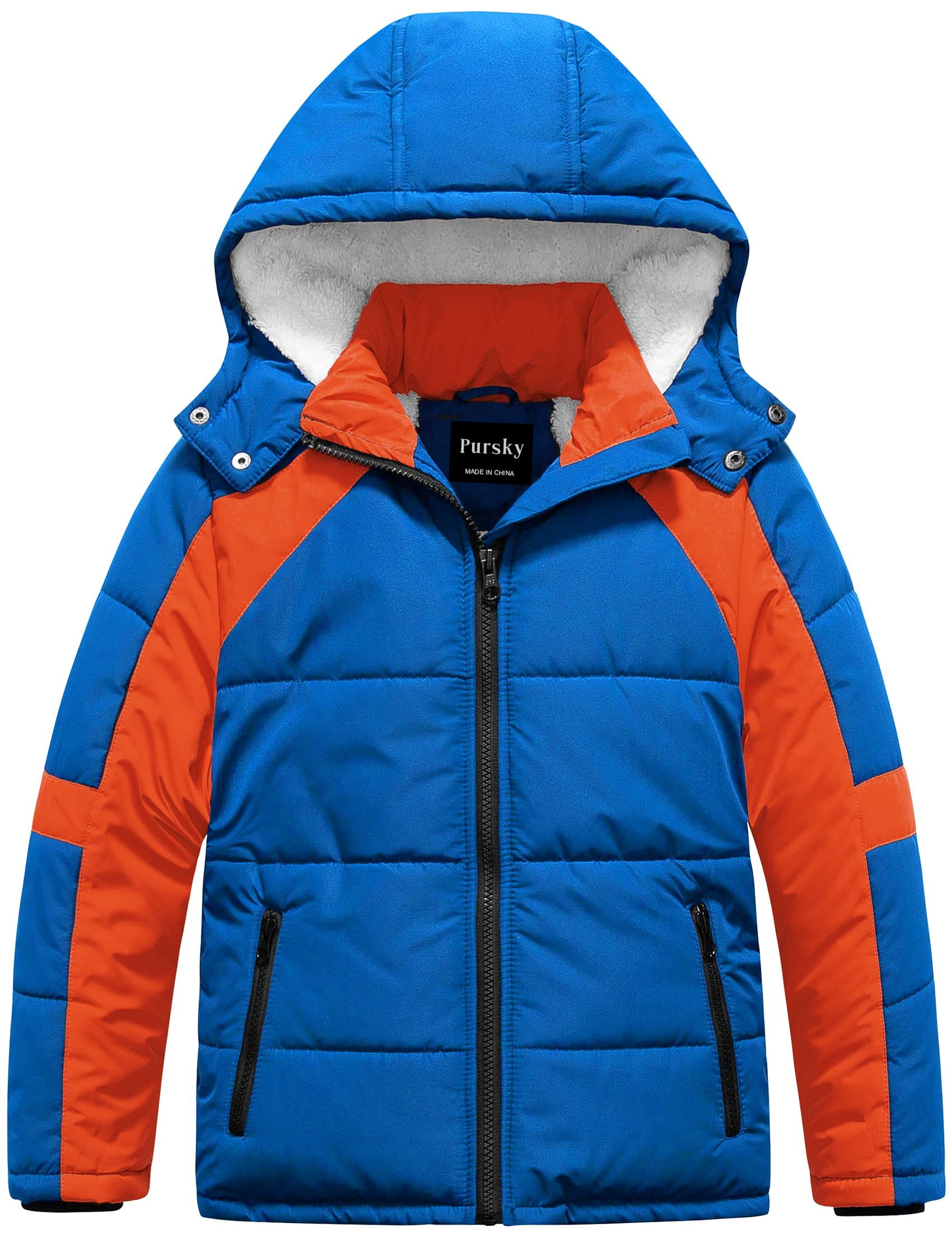 Pursky Boy's Warm Winter Coat Water Resistant Sherpa Outerwear Puffer Jackets With Removable Furry Hood